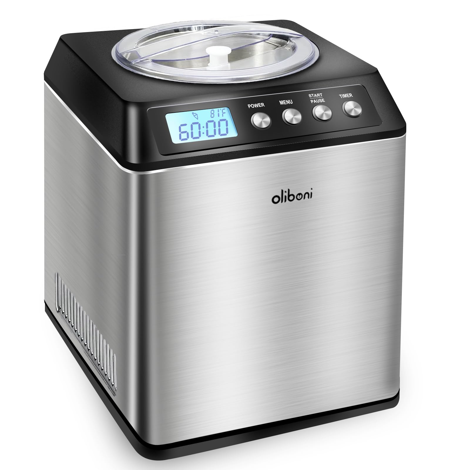 2.6 Qt Ice Cream Maker with Compressor, LCD Digital Display & Timer, No Pre-freezing, Countertop Gelato Makers, Automatic Ice Cream Machine for Homemade Use, Stainless Steel, 10-year Repair Service