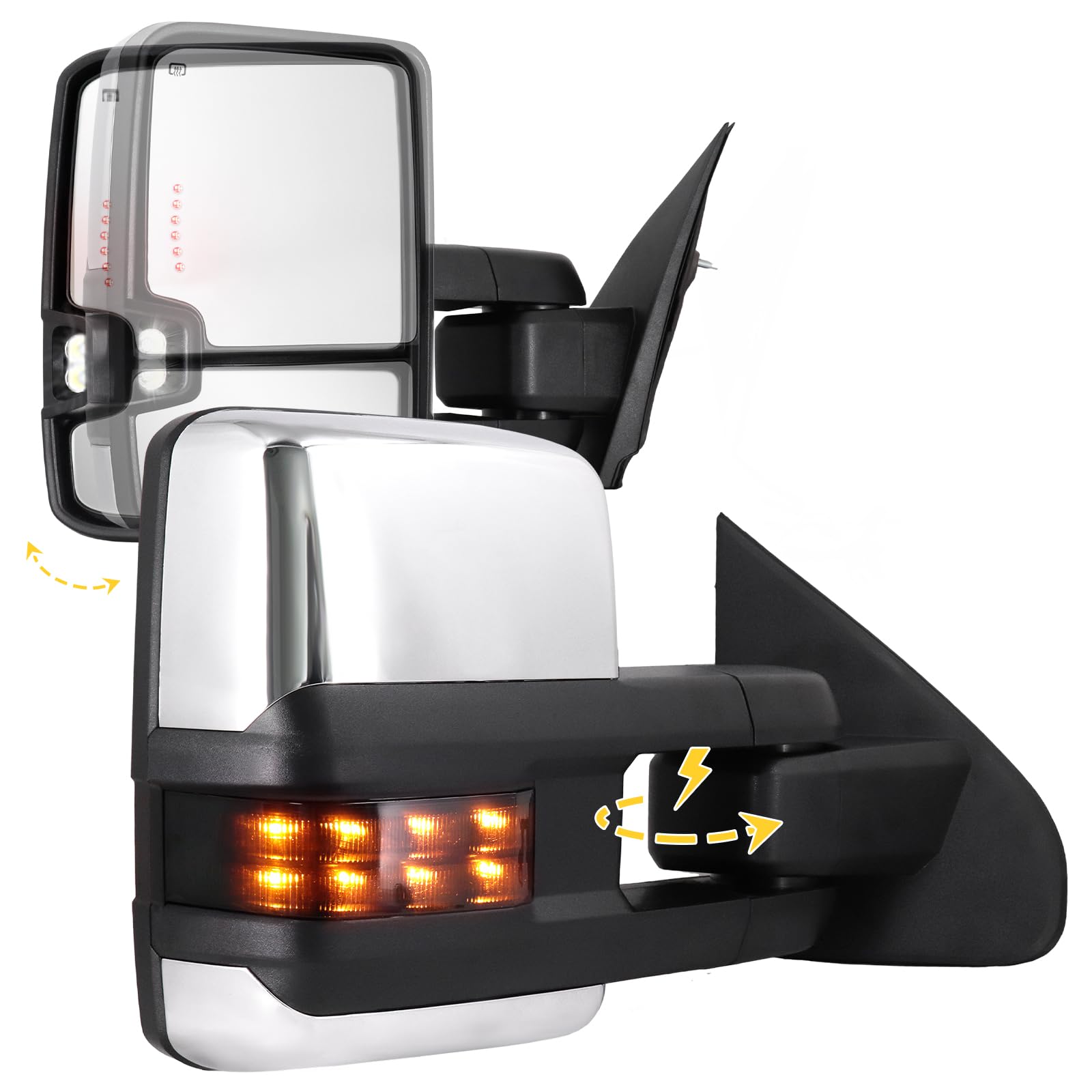Sanooer Power Folding Chrome Towing Mirrors Compatible with 2014-2018 Chevy Silverado GMC Sierra 1500 2500HD 3500HD with Turn Signal Running Light Heated Mirror Pair Set