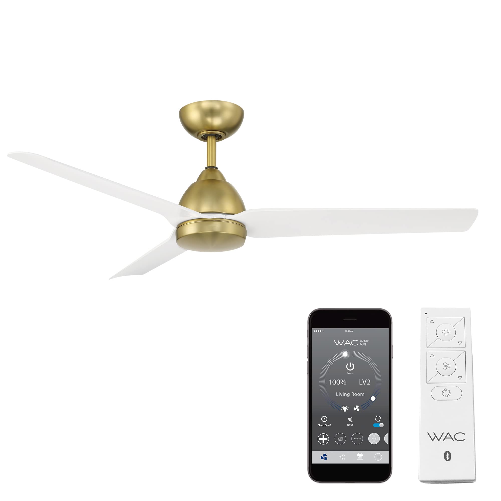 WAC Lighting Mocha Indoor and Outdoor 3-Blade Smart Home Ceiling Fan 54in Soft Brass Matte White with Remote Control works with Alexa and iOS or Android App