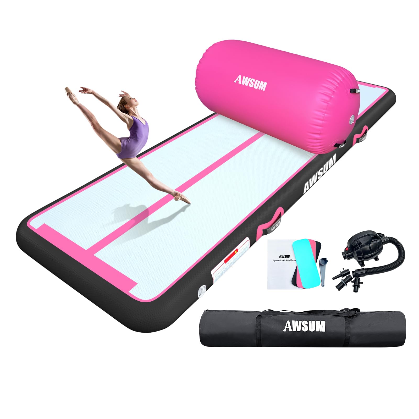 AWSUM 13ft Gymnastics Mat with Air Roller Tumbling Barrel Back Somersault Backbend Trainer for Inflatable Gymnastics Springboard Back Handspring Equipment, with Electric Pump