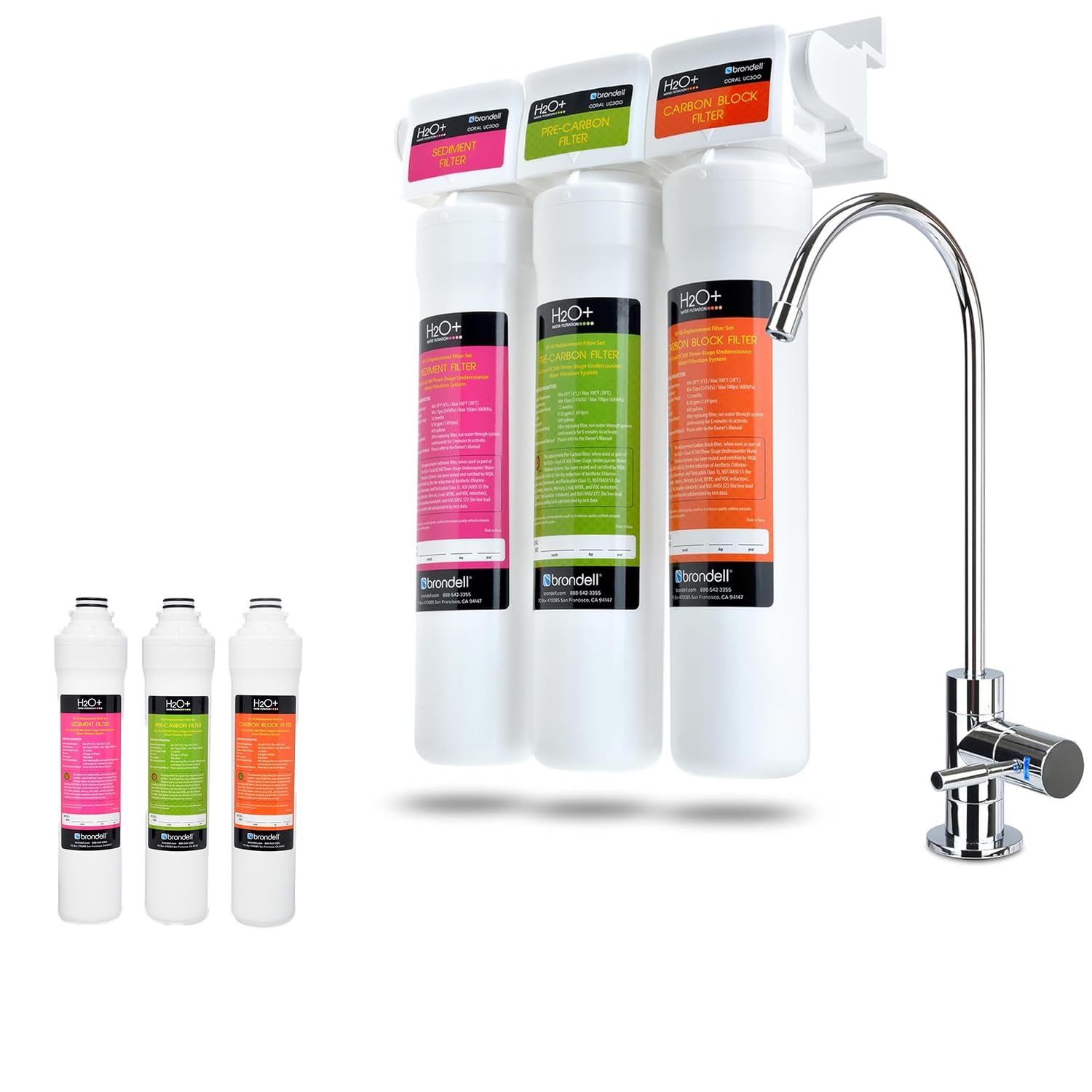 Brondell Coral UC300 Three-Stage Water Filtration System Bundle with Designer Chrome Faucet & Replacement Filter