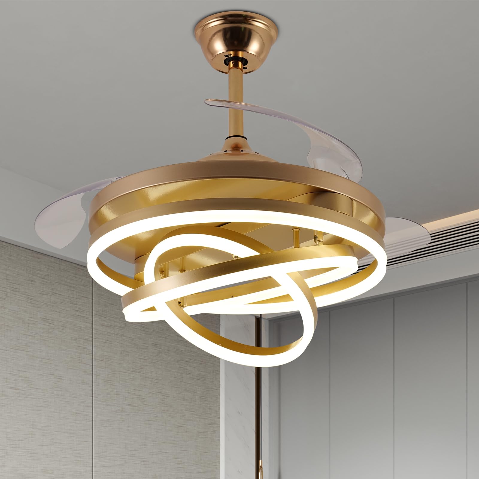 Zenouidle 42" Invisible LED Ceiling Fans, Modern Chandelier Ceiling Fan with Remote Silent DC Motor with Memory&Timmi Fuction Retractable Ceiling Fan for Bedroom Dining Room（Gold）