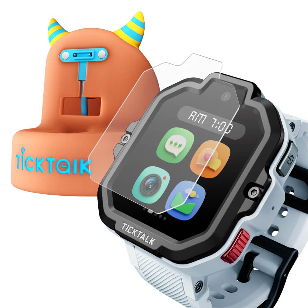 TickTalk 5 Cellular Kids Smart Watch (at&T's Network) with GPS Tracker & Video Calling, Power Base and Tempered Glass Screen Protectors (2 per Pack) Bundle - Smart Watch for Kids with Parent Apps