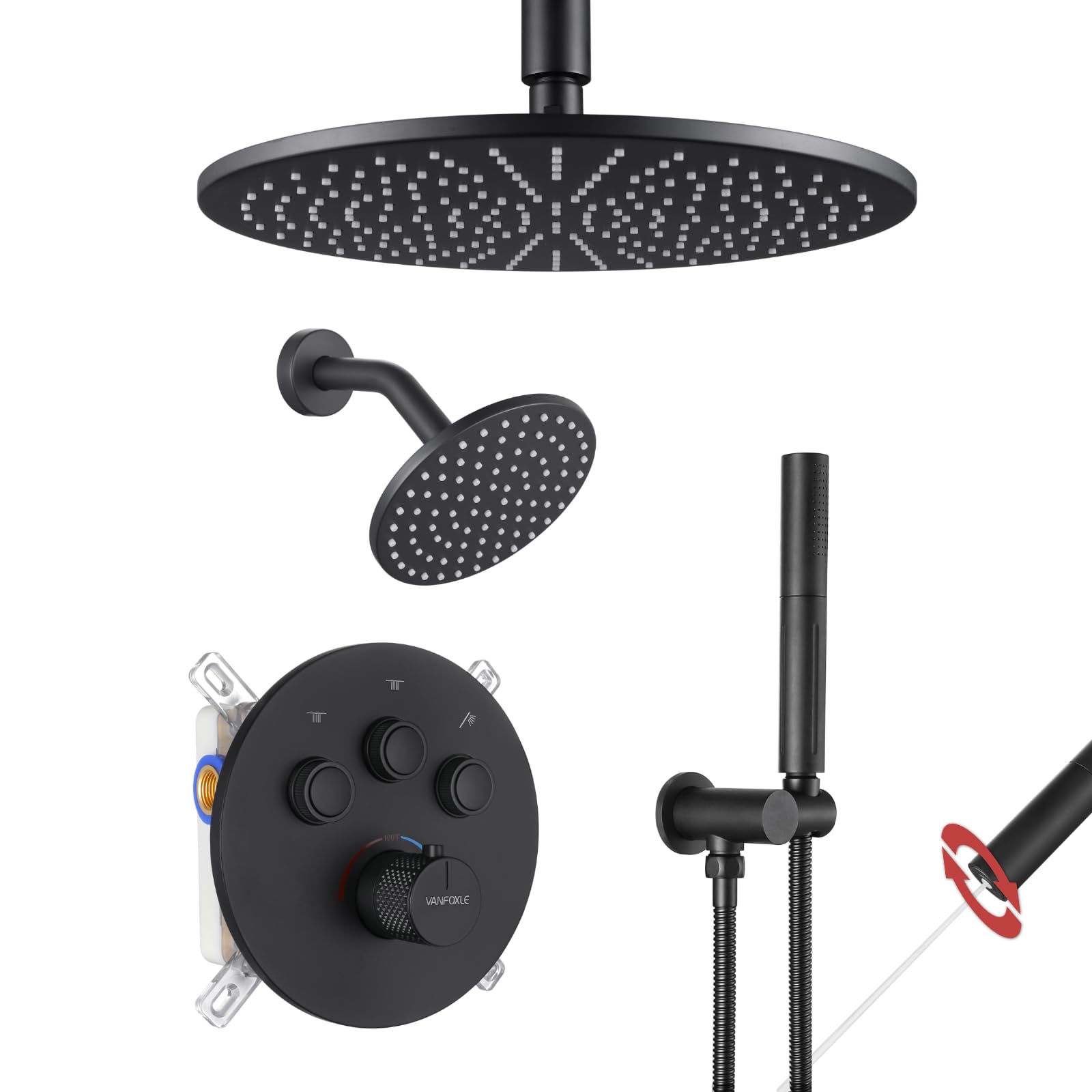 VANFOXLE Thermostatic Shower Faucet Set Matte Black Shower System,Push Button Diverter Shower Faucet with 2 in 1 Handheld, Wall Mount 12 Inch Shower Head with 6 Inch Shower Head