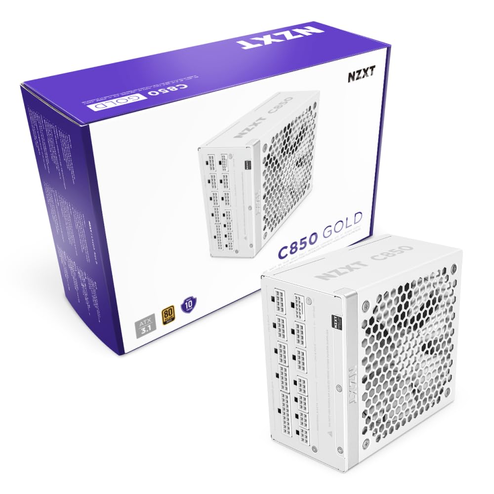 NZXT C850 Gold ATX 3.1 - Fully Modular Low-Noise PC Gaming Power Supply - 850 Watts - 80 Plus Gold - 12V-2x6 Connector - Zero Fan Mode - 100% Japanese Capacitors - White