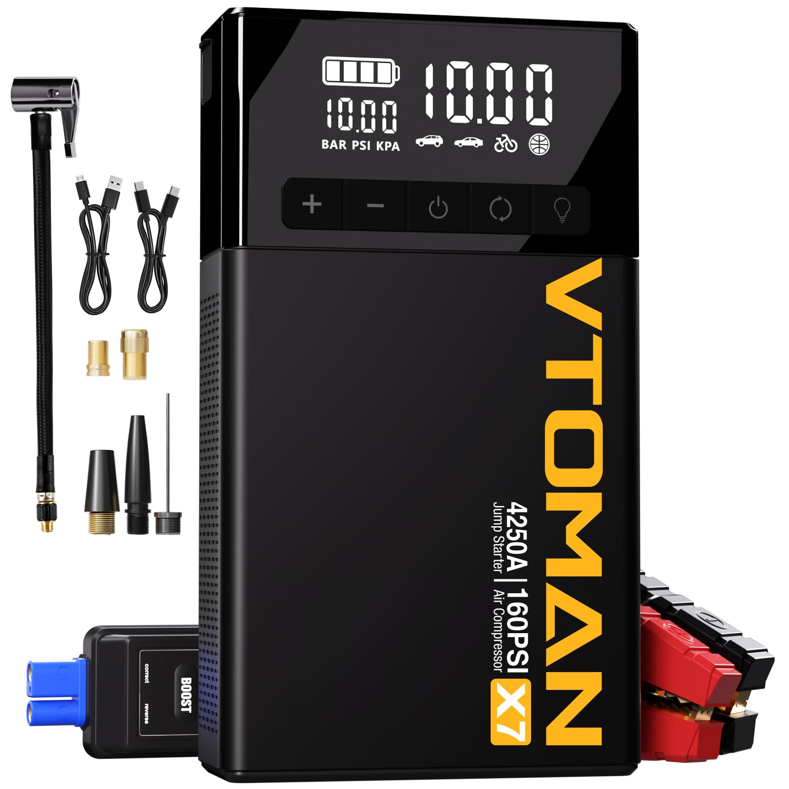 VTOMAN X7 Jump Starter with Air Compressor, 4250A Portable Car Jumper with 160PSI Digital Tire Inflator,12V Lithium Battery Charger Booster Box with Type-C Quick Charge (Up 10L Gas/10L Diesel Engine)
