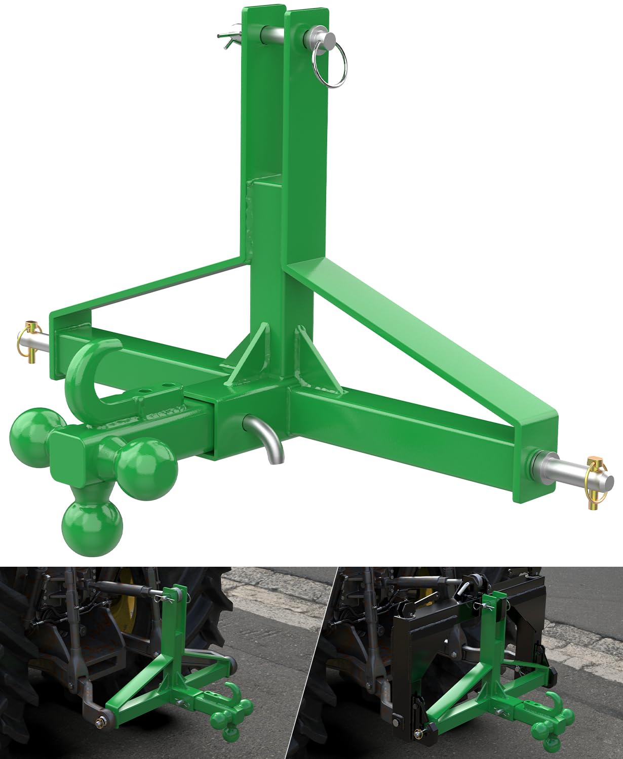 Green 3 Point Trailer Hitch 2” Receiver and Trailer Ball Hitch with Hook, Tractor Mover Drawbar Hitch, 3 Pt Quick Hitch Farm Equipment and Subcompact Trailer Hitch for Tractor Standard Category 1