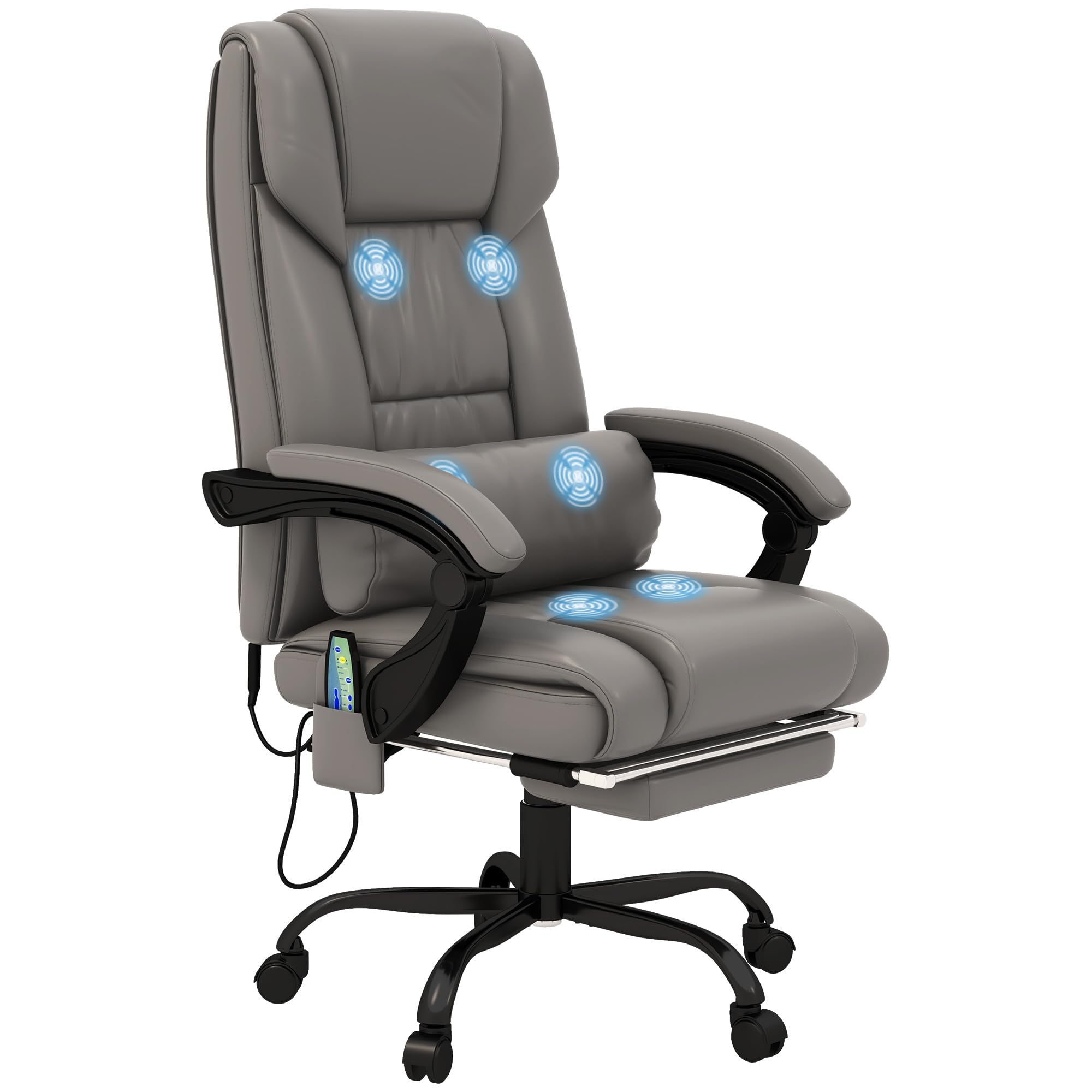 Vinsetto High Back Massage Office Chair with 6 Vibration Points, PU Leather Reclining Computer Chair, Ergonomic Desk Chair with Footrest Adjustable Height and Remote, Gray