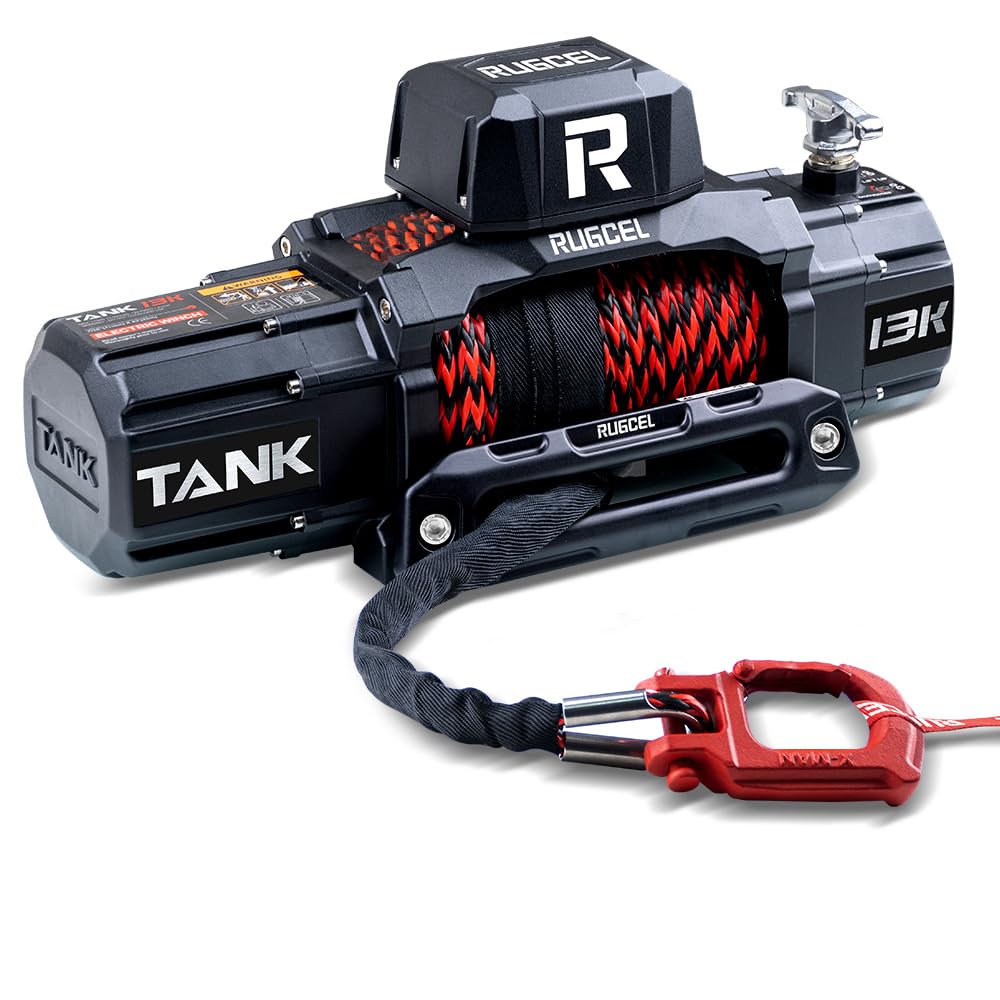 RUGCEL 13500lb New Waterproof Electric Synthetic Rope Winch 12V with Hawse Fairlead,2 in 1 Wireless remote control, wired control,Double color rope,for Truck SUV