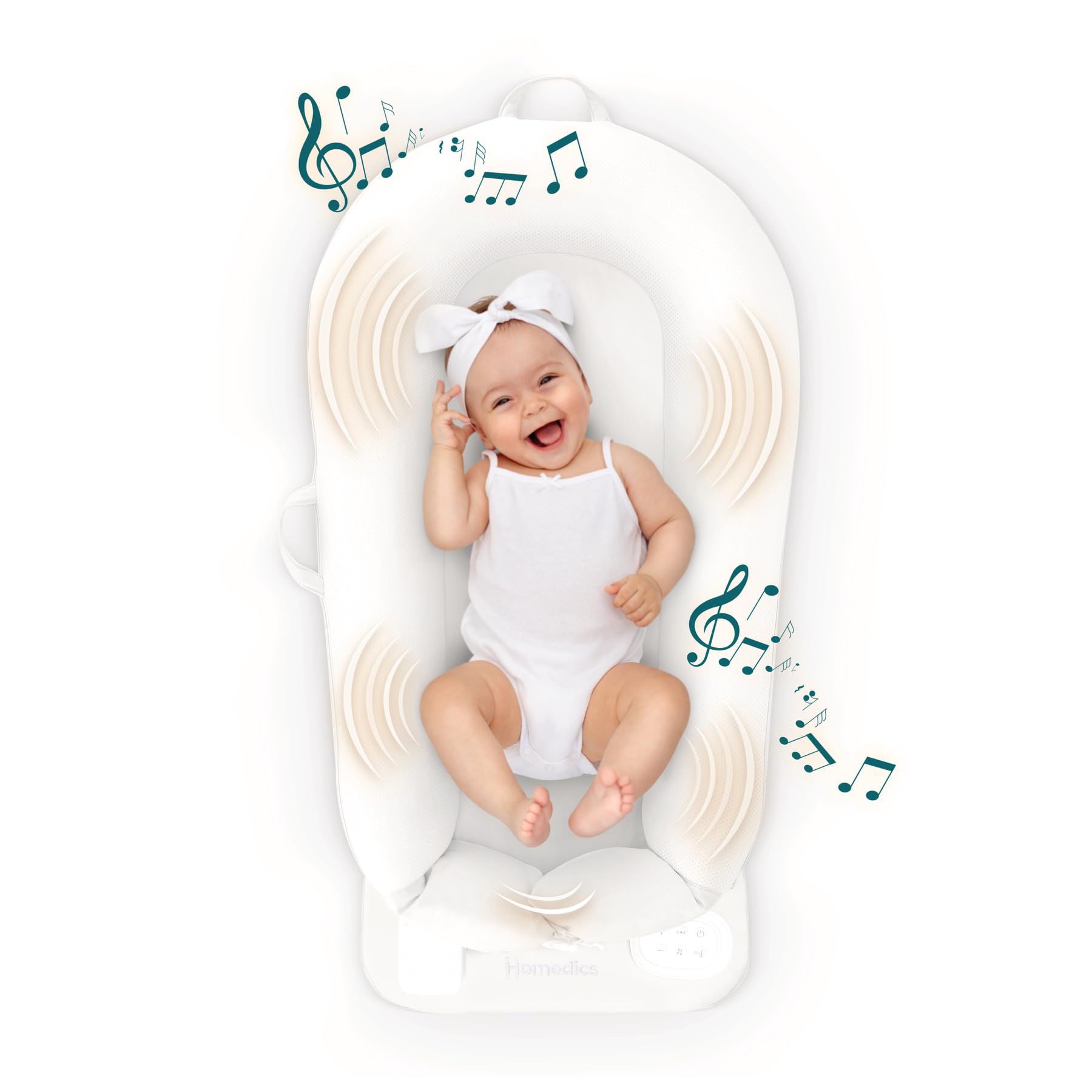 Homedics 3-in-1 Calming Baby Cushion, Soothing Comfort for Newborns & Infants, Snuggling Sensation, Sound and Vibration, Designed for Safety, Cordless, Rechargeable & Machine-Washable, White
