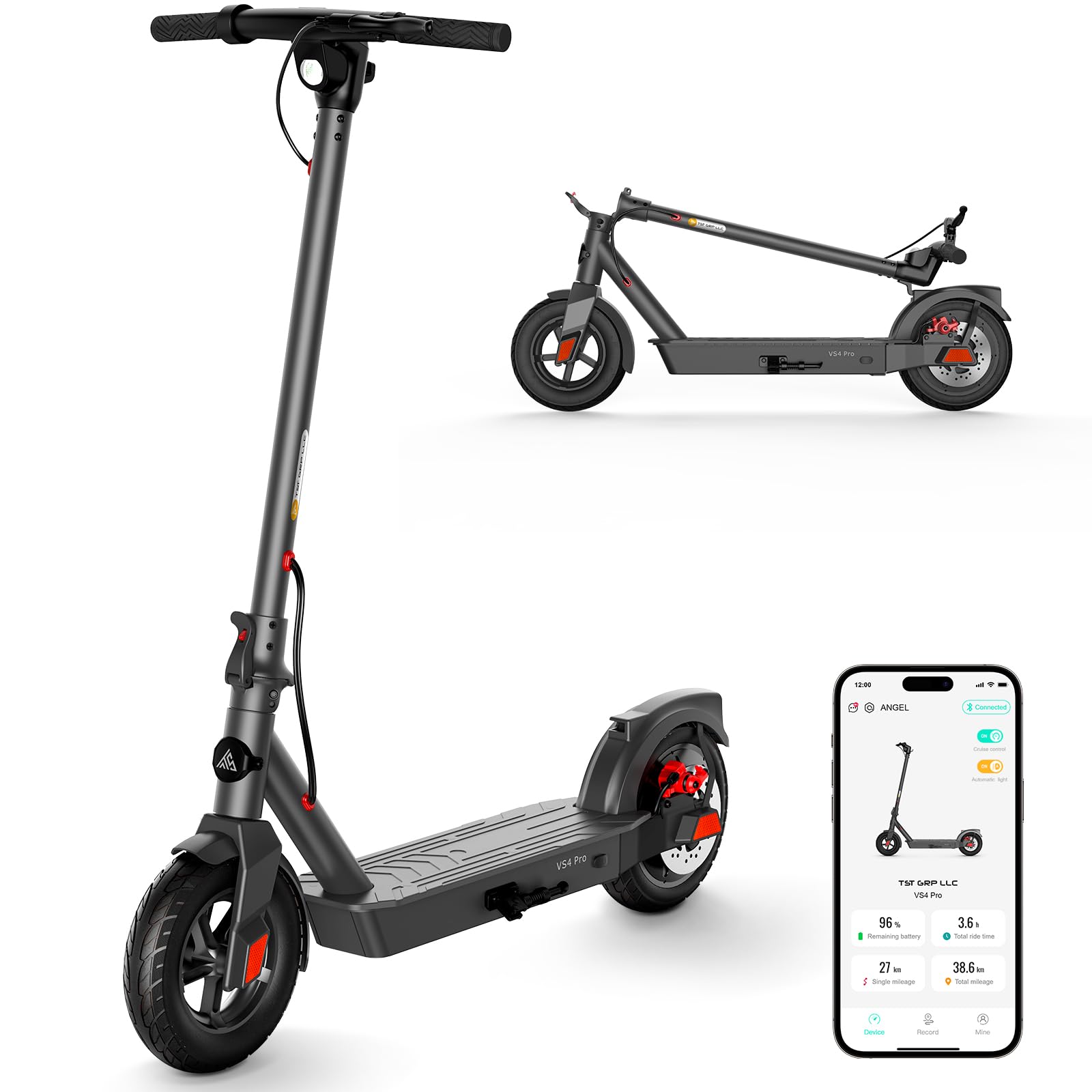 TS TST GRP LLC TST VS4 Pro Electric Scooter, Up to 20 Miles Range Electric Scooter Adults, 19 Mph Folding Commute with 10" Solid Tires, Dual Braking System and App Control