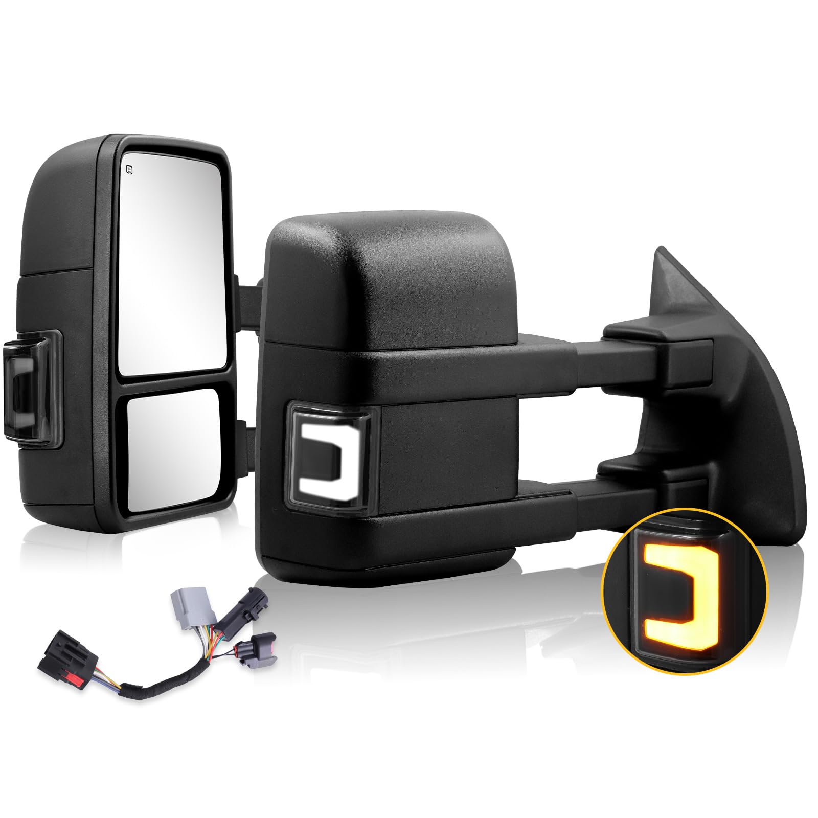 Towing Mirrors for 1999-2016 F250 F350 F450 F550 Super Duty, 2000-2005 Ford Excursion with Heated Power Glass Turn Signal Light Running Light Extendable Pair Set