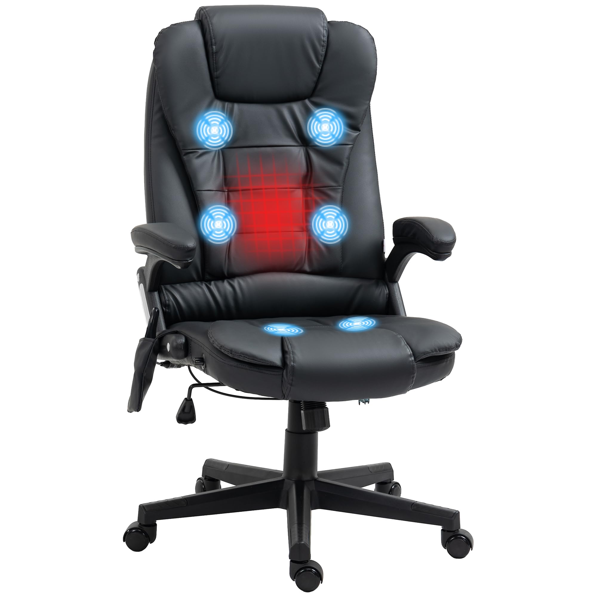 HOMCOM High Back Vibration Massage Office Chair with 6 Vibration Points, Heated Reclining PU Leather Computer Chair with Armrest and Remote, Black