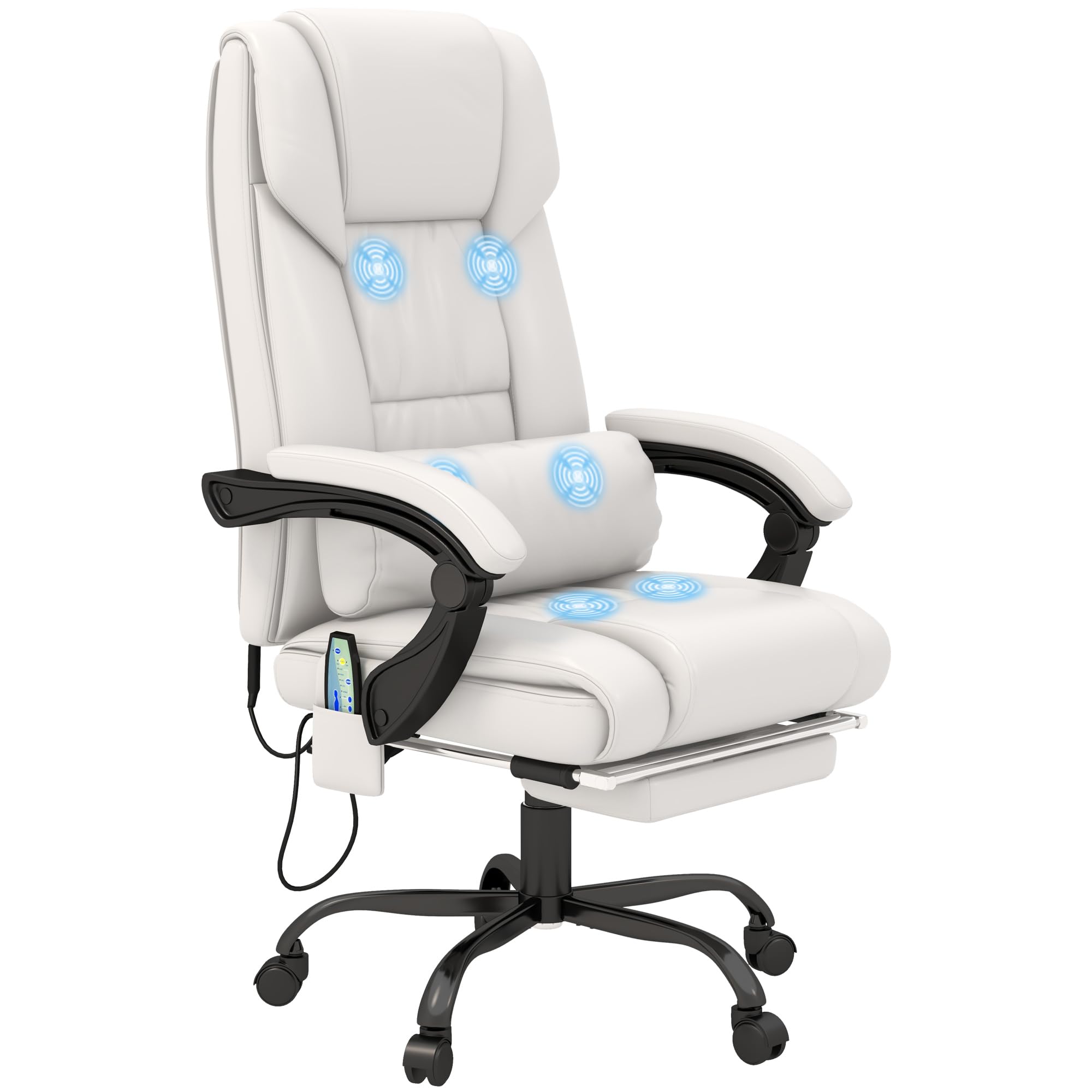 Vinsetto High Back Massage Office Chair with 6 Vibration Points, PU Leather Reclining Computer Chair, Ergonomic Desk Chair with Footrest Adjustable Height and Remote, White