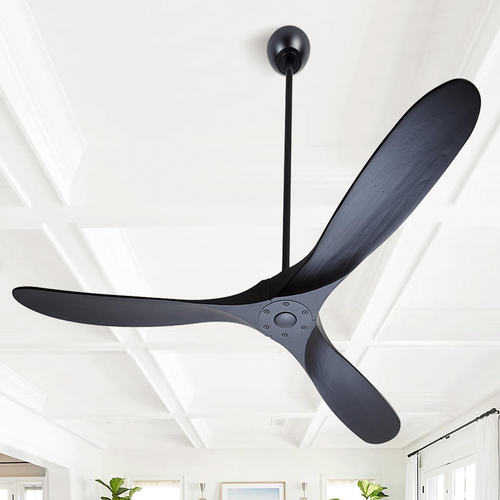 ZIMOFLL 60 inch Ceiling Fans Without Lights, Wet Rated Black Outdoor Ceiling Fans for Patios Outside Porch, 3 Blade Wood Ceiling Fan no Light with Remote Control, High CFM 6 Speeds, Quiet DC Motor