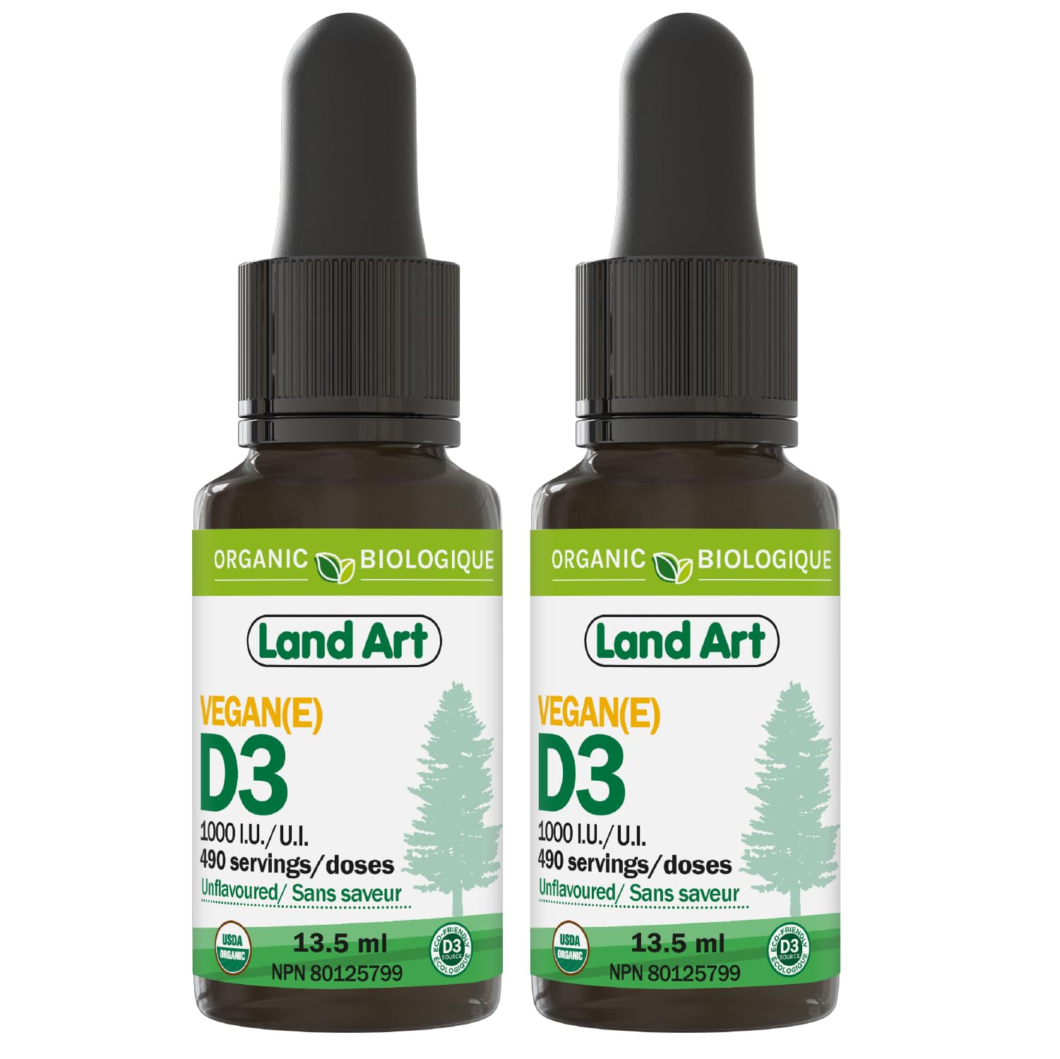 Certified Organic VEGAN Plant-Based Vitamin D3 Drops - 1000IU per drop - 490 Servings - Unflavoured - DUO PACK 2X 13.5ml - Immune System Support - Made in Canada