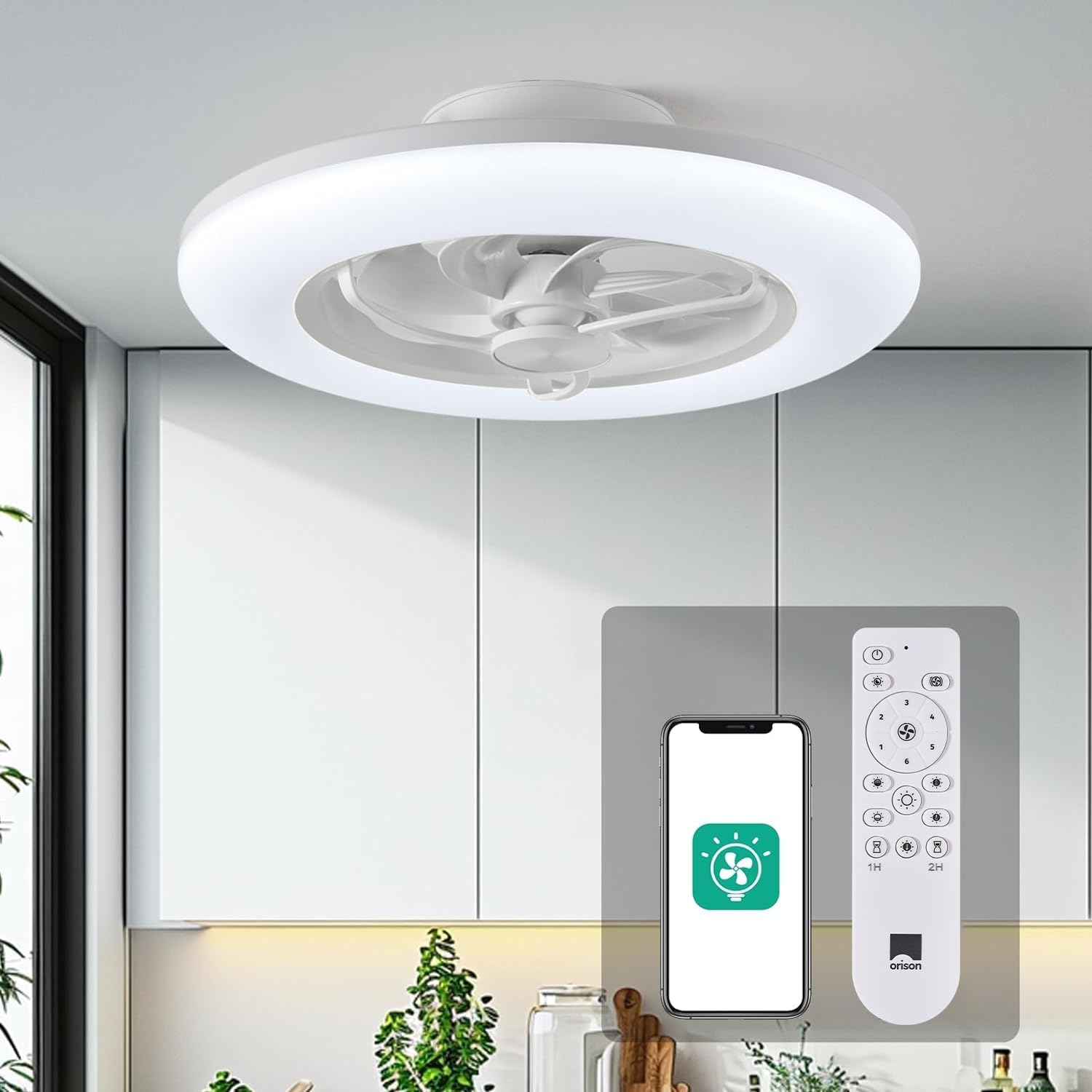 Orison Ceiling Fans with Lights- Low Profile Ceiling Fan with Light 22.4“ LED Dimmable Ceiling Fans with Remote Control,Smart 3 Light Color and 6 speeds 7 Blades