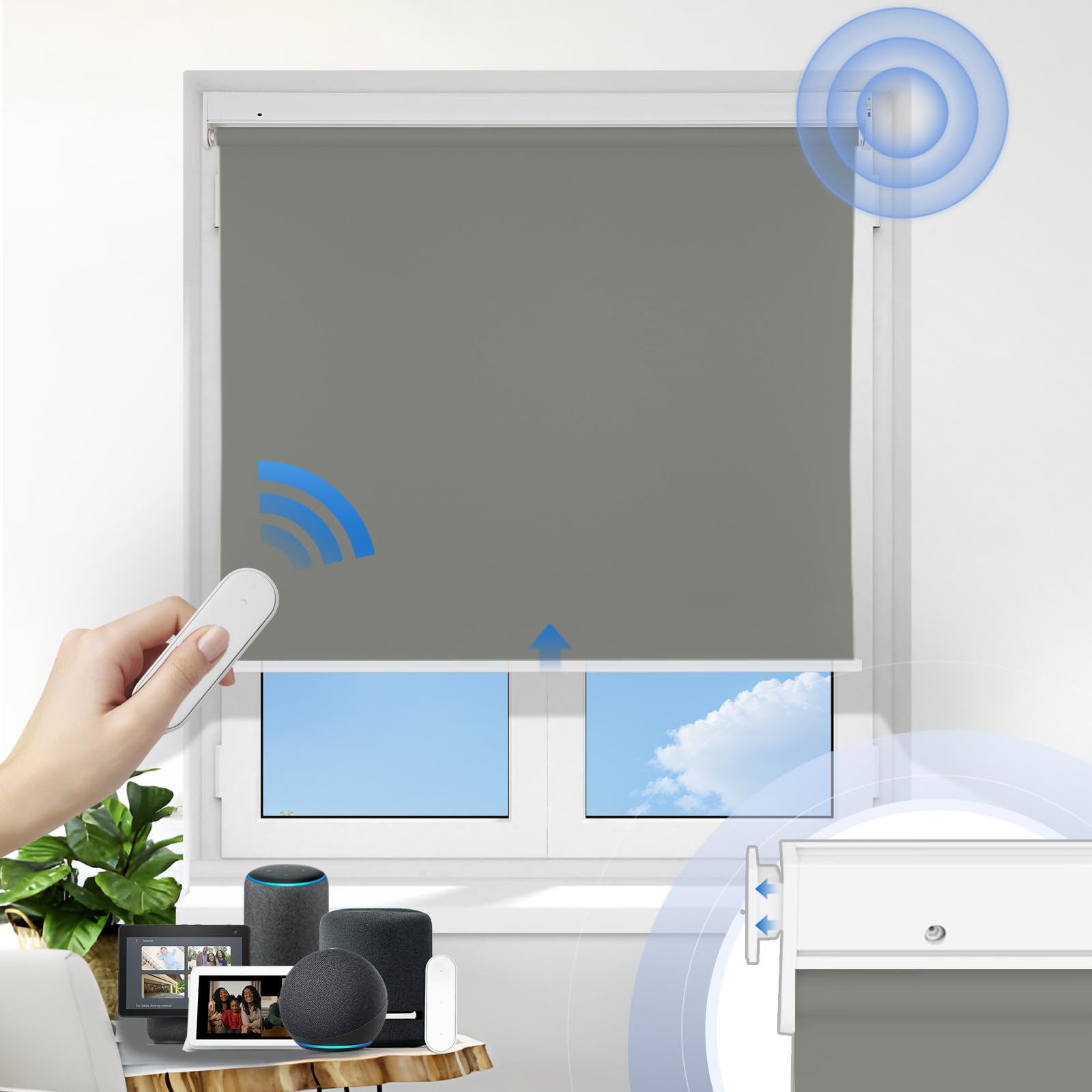 Grandekor No Drill Motorized Blinds with Remote, Blackout Roller Shade Electric Smart Remote Control Blinds, Fit for APP and Voice Control Smoky Gray-Blackout 55" W x 64" W