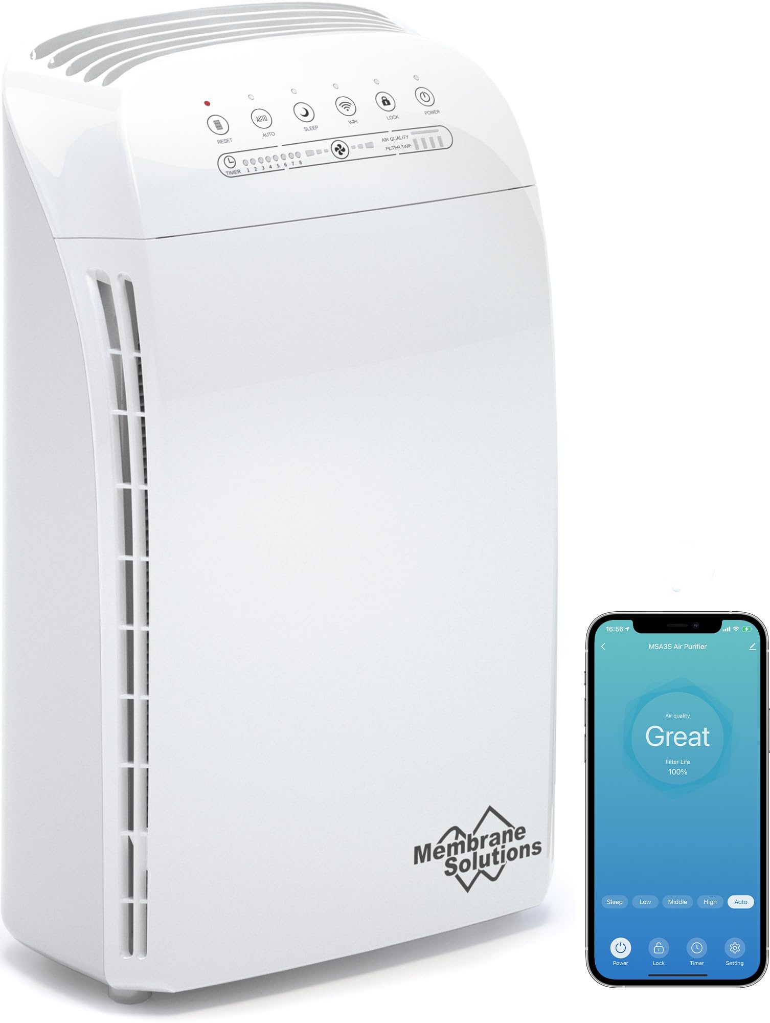 MSA3S Smart Air Purifier for Bedroom, Membrane Solutions Alexa Air Purifiers for Home Large Room With AQI, Auto Mode & H13 HEPA Filter, Pet Air Purifiers Remove 99.97% Allergen Dust Odor Smoke Pollen