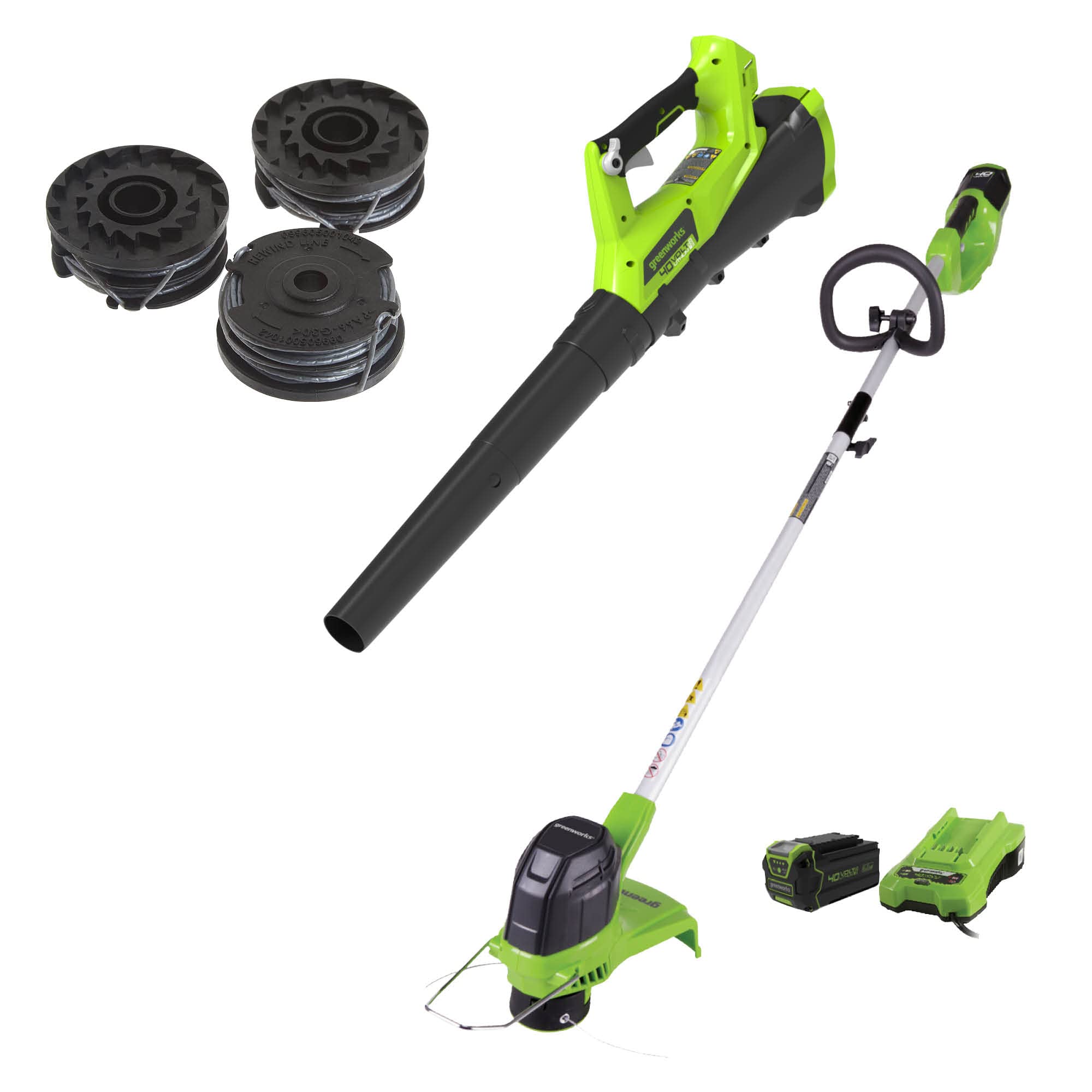 Greenworks 40V Cordless String Trimmer and Leaf Blower Combo Kit, 2.0Ah Battery and Charger Included & Greenworks 0.065" Dual Line Replacement String Trimmer Line Spool, 3 count (Pack of 1)