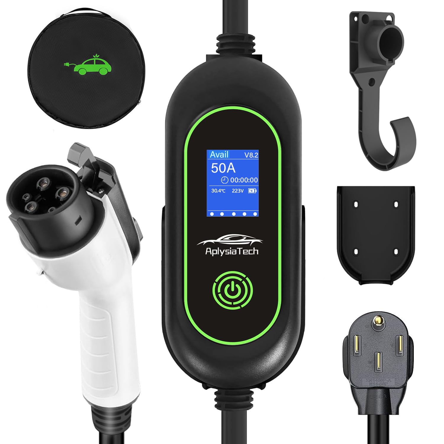 AplysiaTech Level 2 Fast EV Charger, 240V, 50Amp, 12KW Adjustable Current & Schedule Charging,Wall Mount Electric Vehicle Charging Station,SAE J1772 Charger, NEMA14-50P with 25ft Premium Cable.