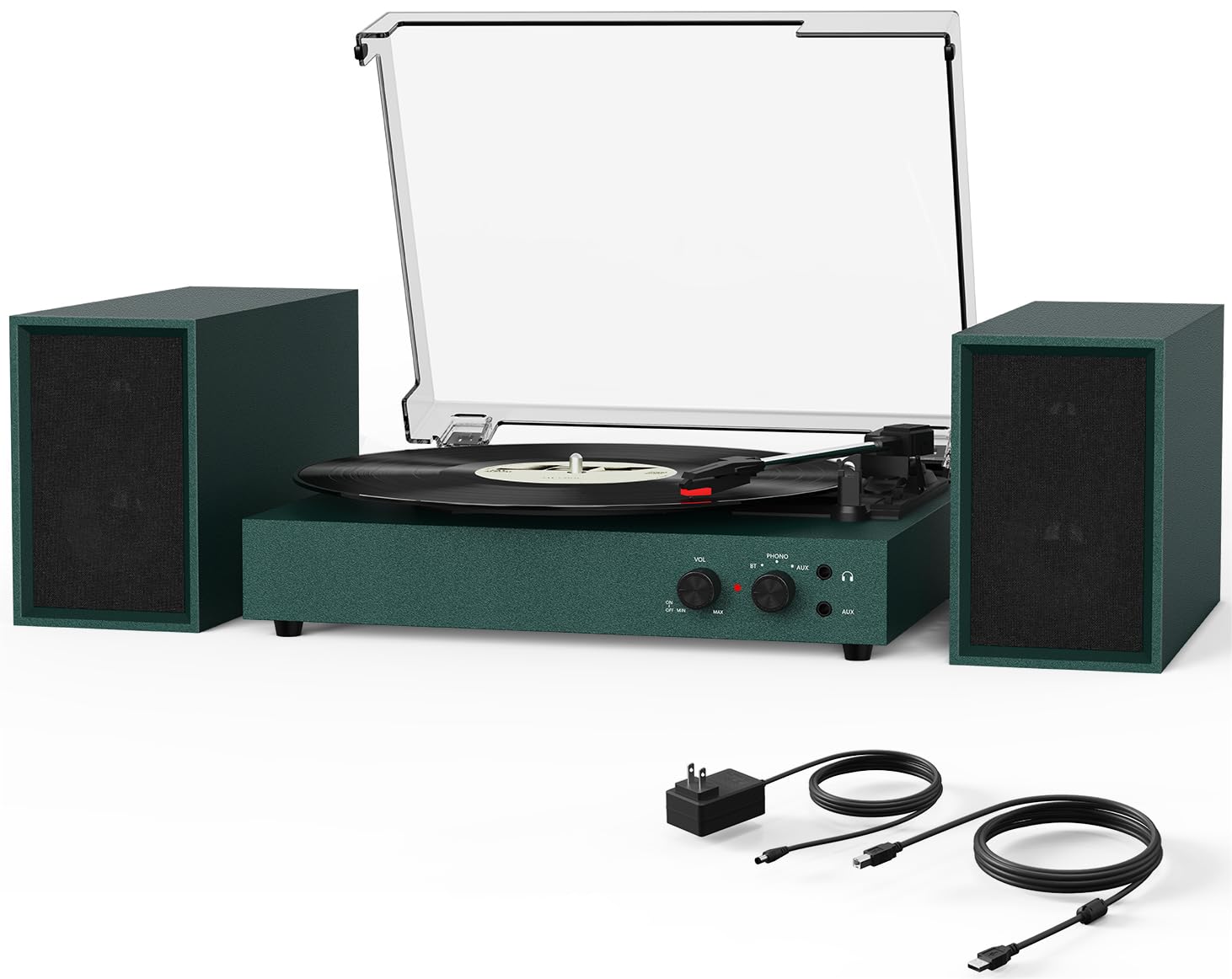 Record Player for Vinyl with External Speakers, USB Port to PC Recoding, 3 Speed Belt-Driven Vintage Bluetooth Turntable with Dual Stereo Bookshelf Speakers, Auto Stop, Dust Cover, RCA/AUX, Green