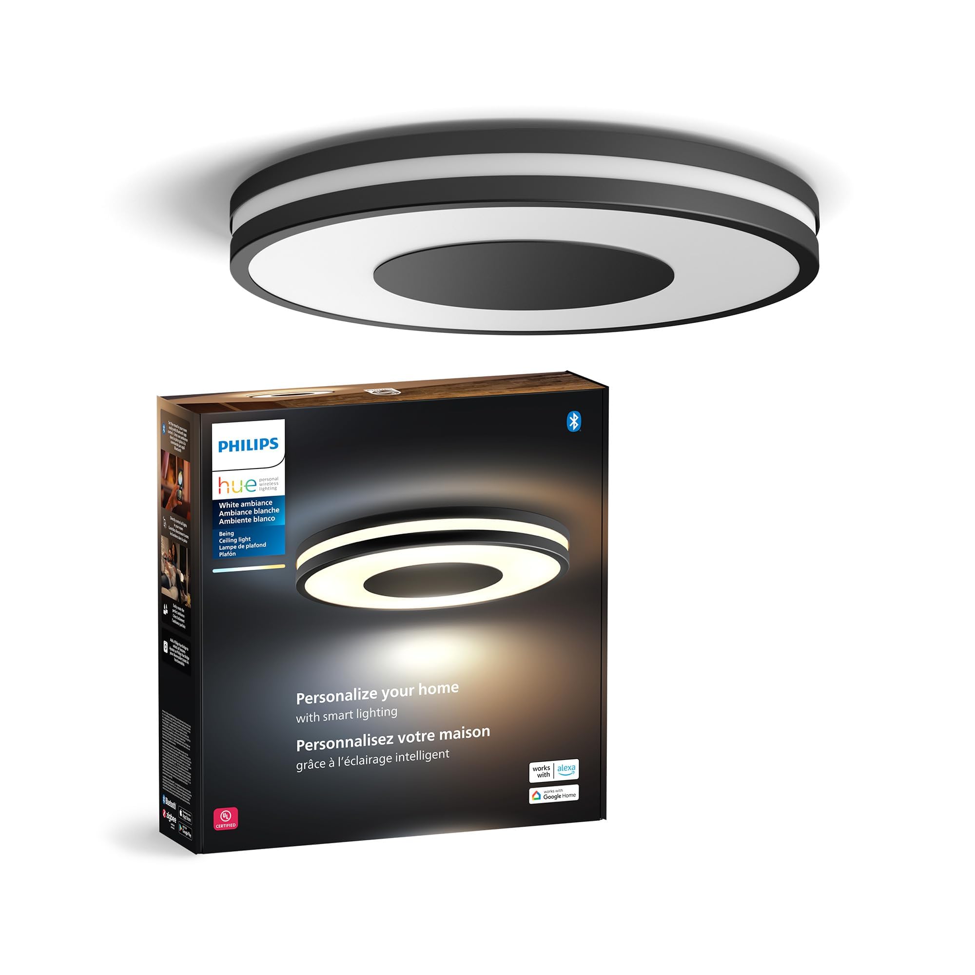Philips Hue Being Ceiling Light, Black - White Ambiance Warm-to-Cool White Smart LED Light - 1 Pack - Control with Hue App - Compatible with Alexa, Google Assistant, and Apple Homekit