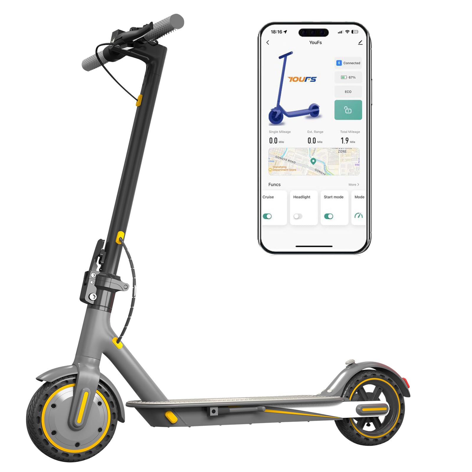 Electric Scooter for Adults, Up to 19 Mph, 19 Miles Range & 264 lbs Load, Aluminum Alloy E-Scooter with 350W Motor, Foldable Escooter with Dual Braking System and App Control (Yellow)