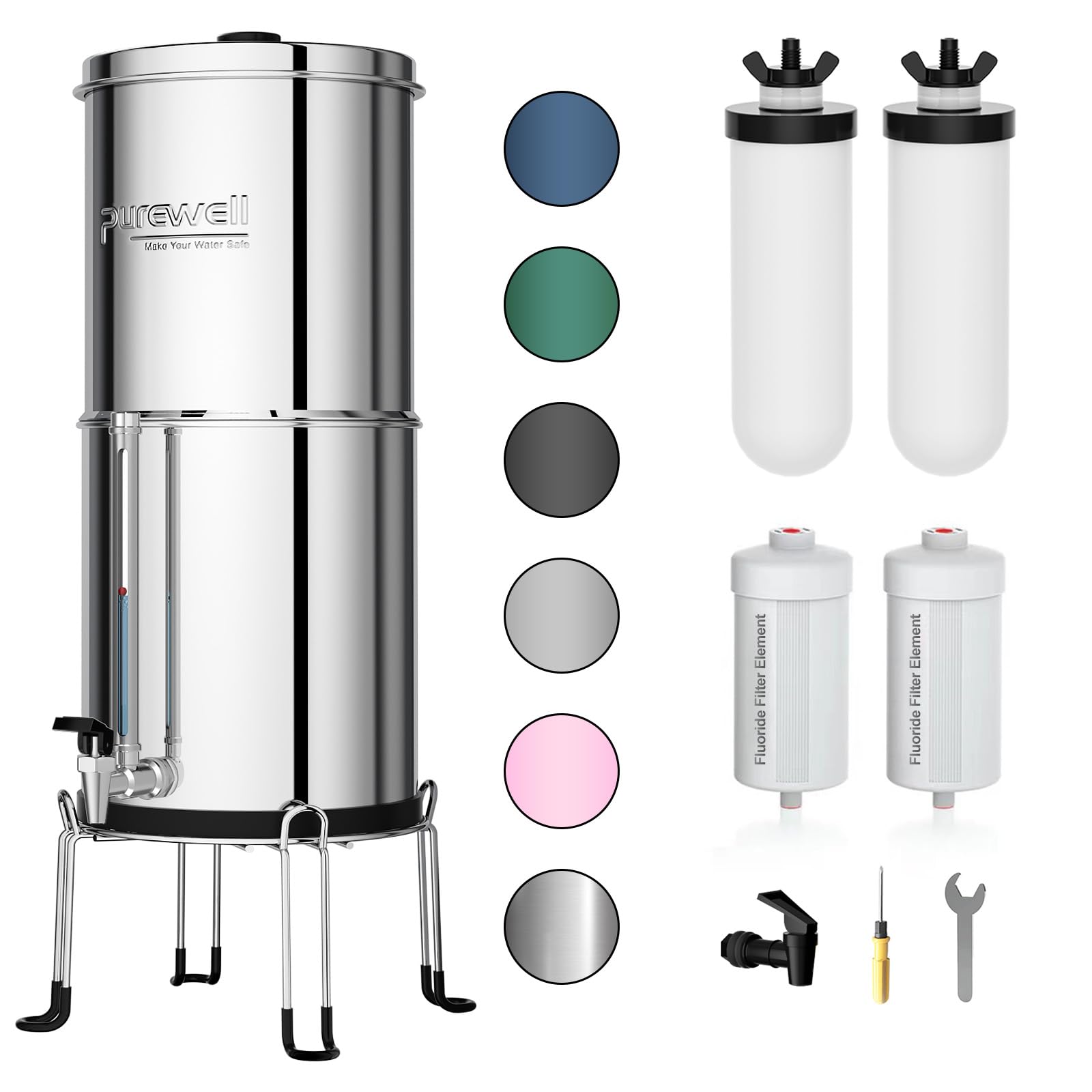 Purewell 8-Stage Gravity Fed Water Filter System, 2.25 Gallon Stainless Steel Countertop System with 4 Filters, Metal Water Level Spigot and Stand, Reduce Fluoride and Chlorine, PW-OBT-CF