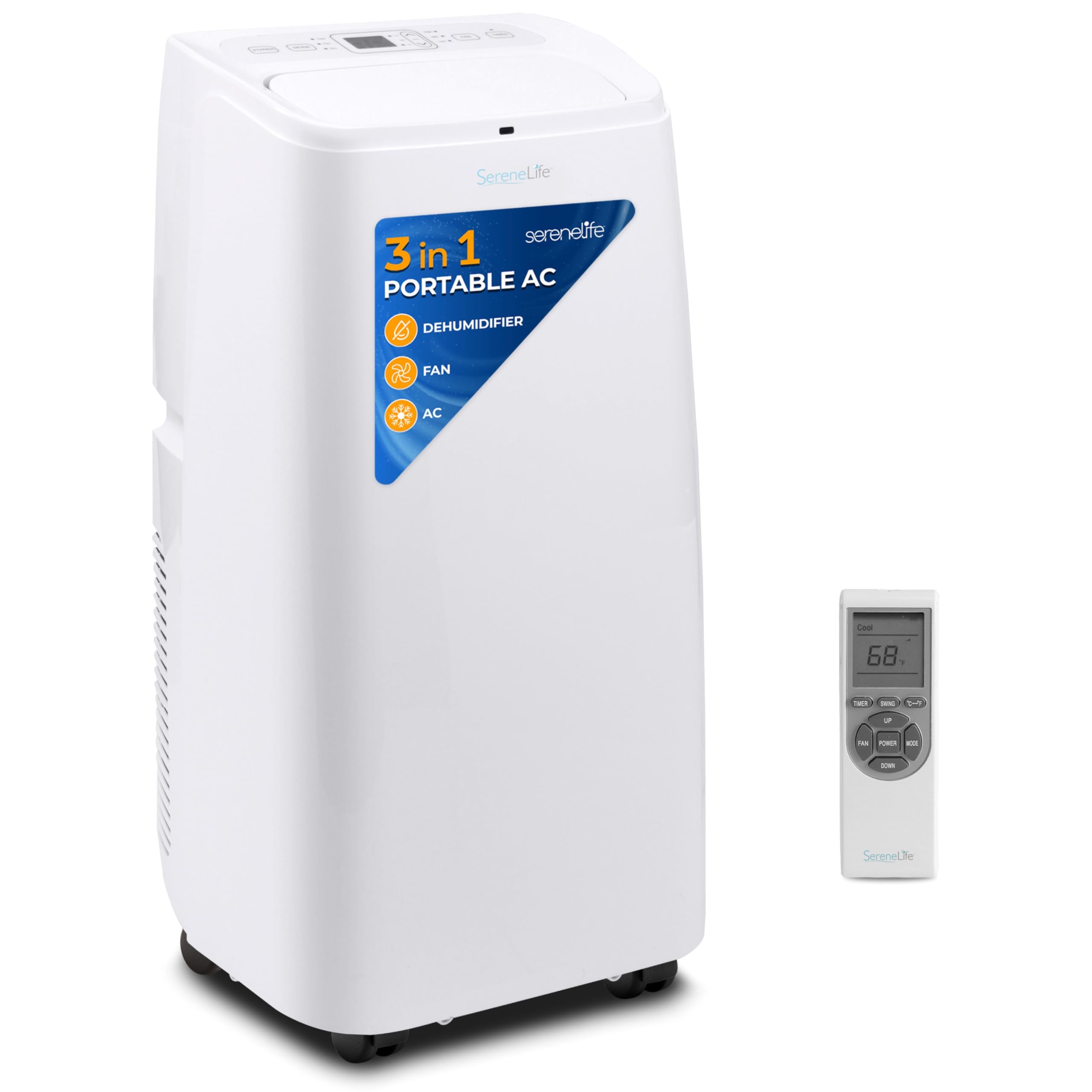 SereneLife Portable Electric Air Conditioner Unit-1150W 12000 BTU Power PlugIn AC Indoor Room Conditioning System w/ Cooler, Dehumidifier, Fan, Exhaust Hose, Window Seal, Wheels, Remote- SLPAC12,White
