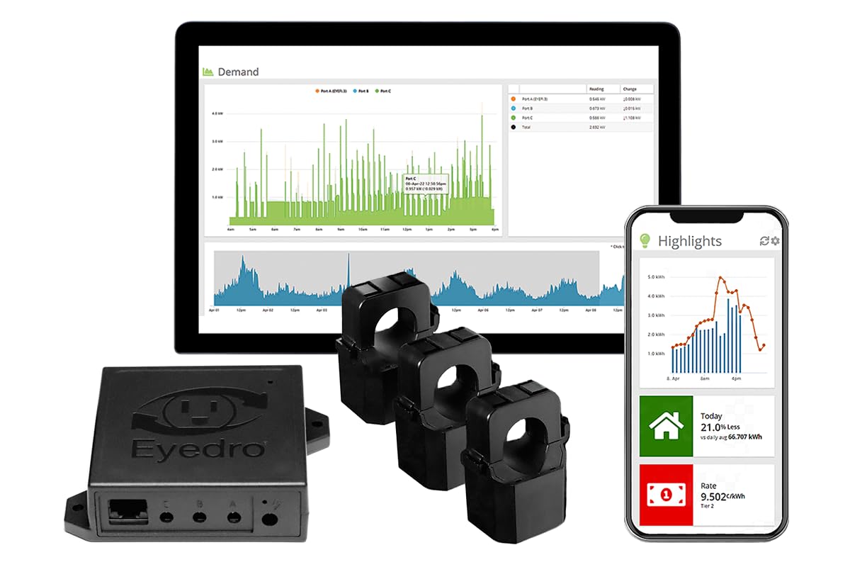 Eyedro Business 3-Phase Energy & Solar Monitor - Net Metering - High-Resolution Electricity Usage Data via My.Eyedro.com -No Fee - Alerts - Reports - Real-time Energy Costs - E5B-EW-E3 (Ethernet/WiFi)