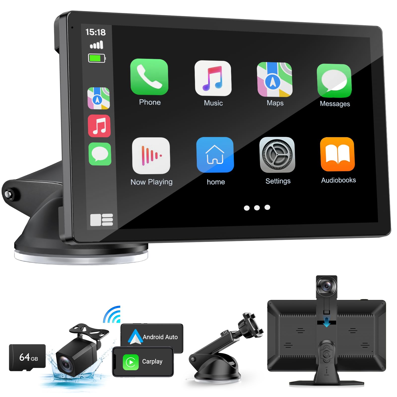 BOXGVO Wireless Carplay Screen for Car with 4K Dash Cam, 9" Portable Carplay & Android Auto Car Stereo, with 1080p Backup Camera, Subwoofer Systems, GPS Navigation/Voice Control/Mirror Link/Bluetooth
