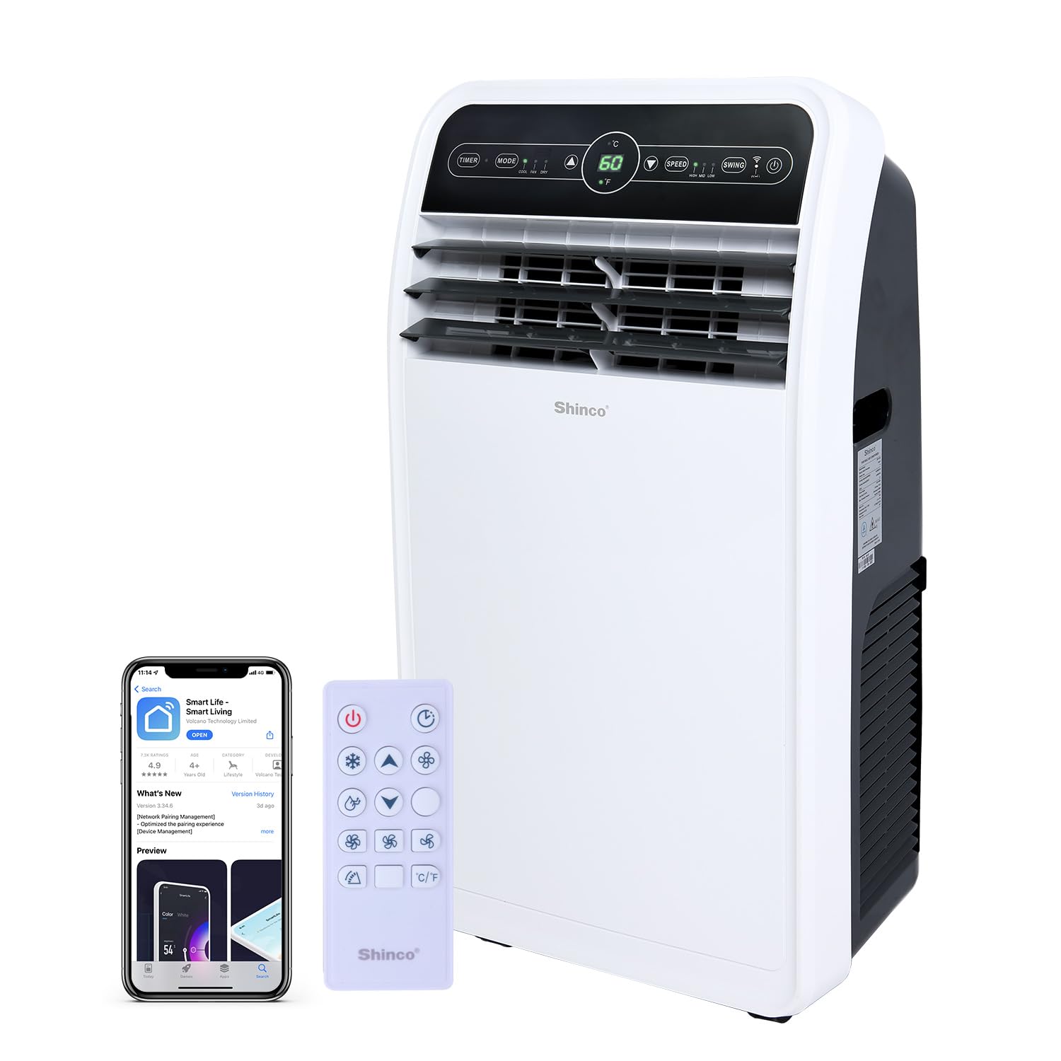 Shinco 12,000 BTU Smart Wi-Fi Portable Air Conditioner, Portable AC Unit with Built-in Cool, Dehumidifier&Fan Modes for Room up to 400 sq.ft, Remote Control, 24 Hour Timer, Installation Kits