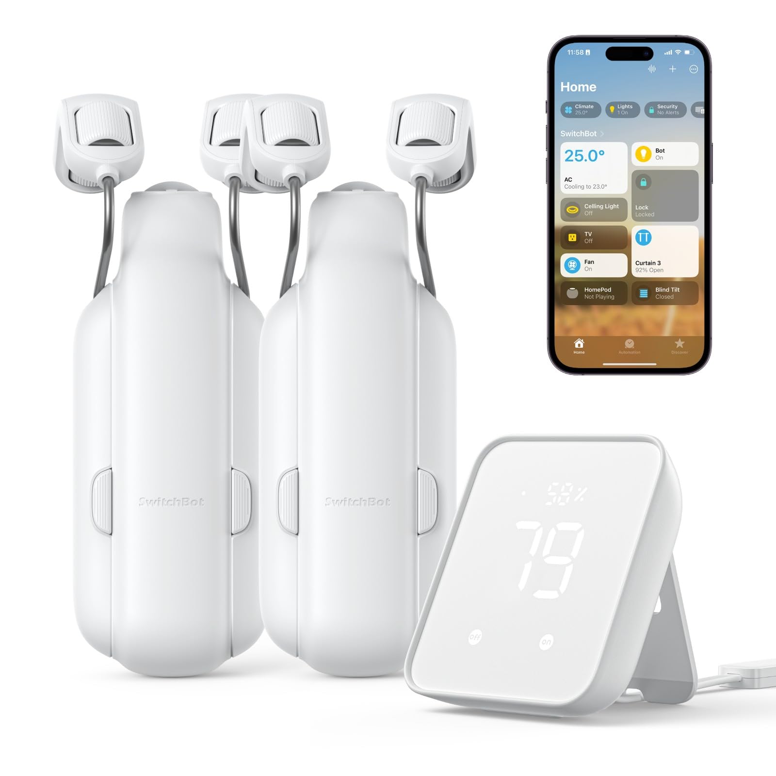 SwitchBot Smart Automatic Curtain Opener 2 Pack with Hub 2 - WiFi Remote Control with App/Timer, Performance Upgrade, WiFi Thermometer Hygrometer, Support Matter, Work with Alexa, Google Home, HomeKit