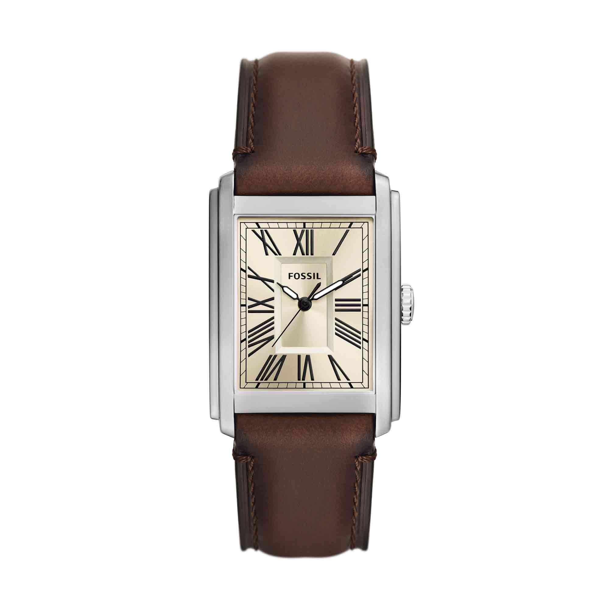 Fossil Men's Carraway Quartz Stainless Steel and Leather Three-Hand Watch, Color: Silver, Brown (Model: FS6012)