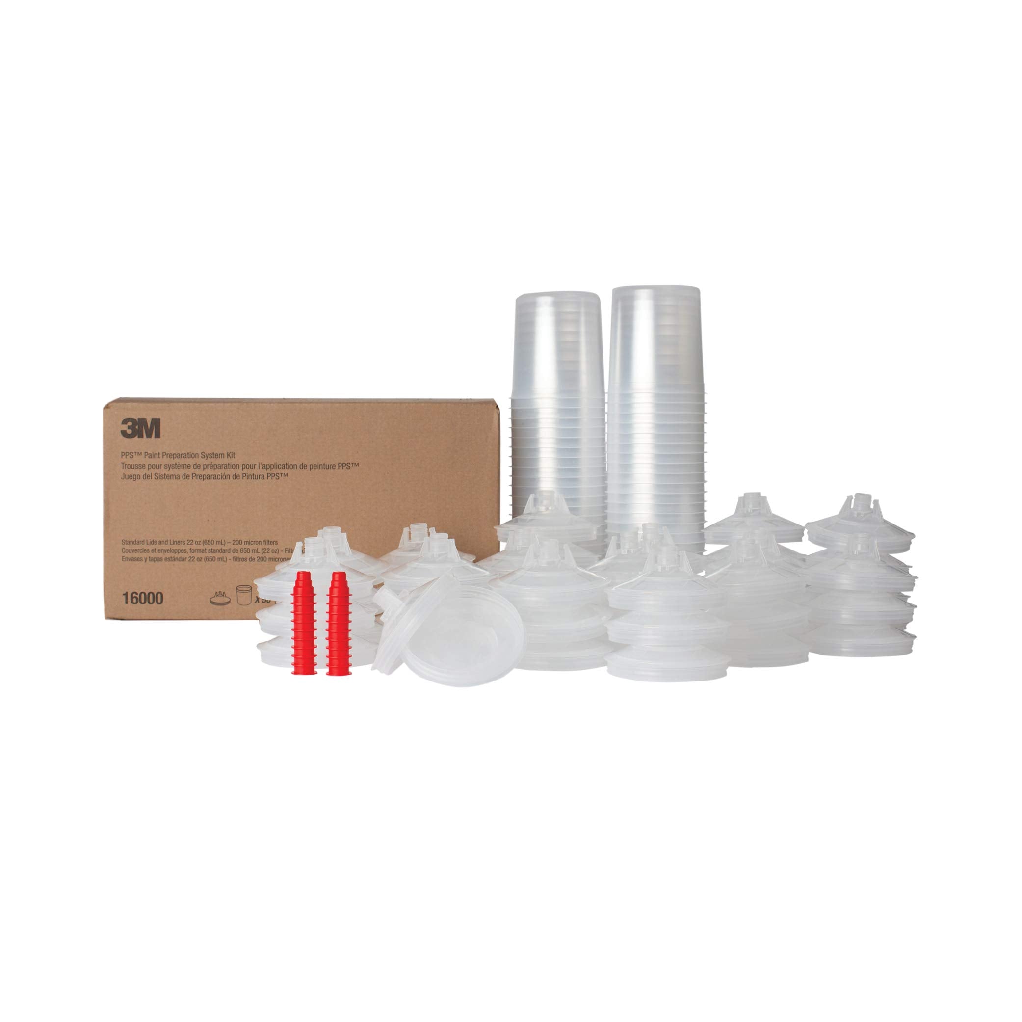 3M PPS (Original Series) Paint Spray Gun Cup Lids and Liners Kit, 16000, Standard, 22 oz, 200-micron Filter, Use w/ Paint Gun for Cars, Furniture, Home, 50 Disposable Lids and Liners, 20 Sealing Plugs, Factory