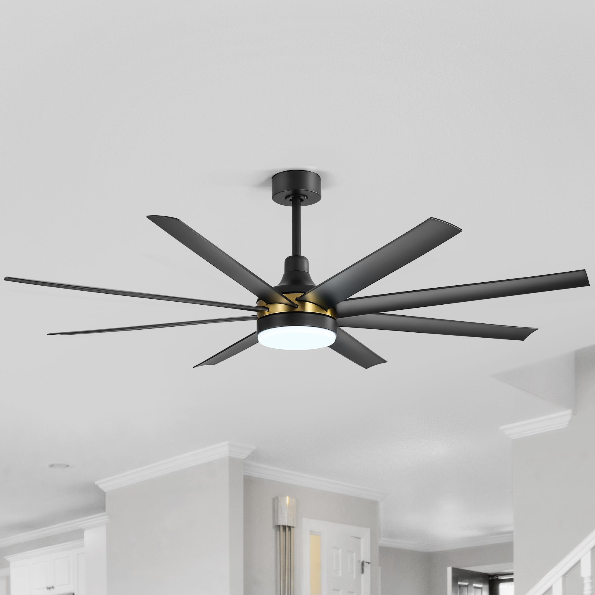 Breezary 65 Inch Ceiling Fan with Light and Remote, 8-Blade, Reversible DC Motor, 6-Speed, Timer, Industrial Ceiling Fans with Led Light Chandelier for Bedroom Office (Black & Gold + 8 Black Blade)