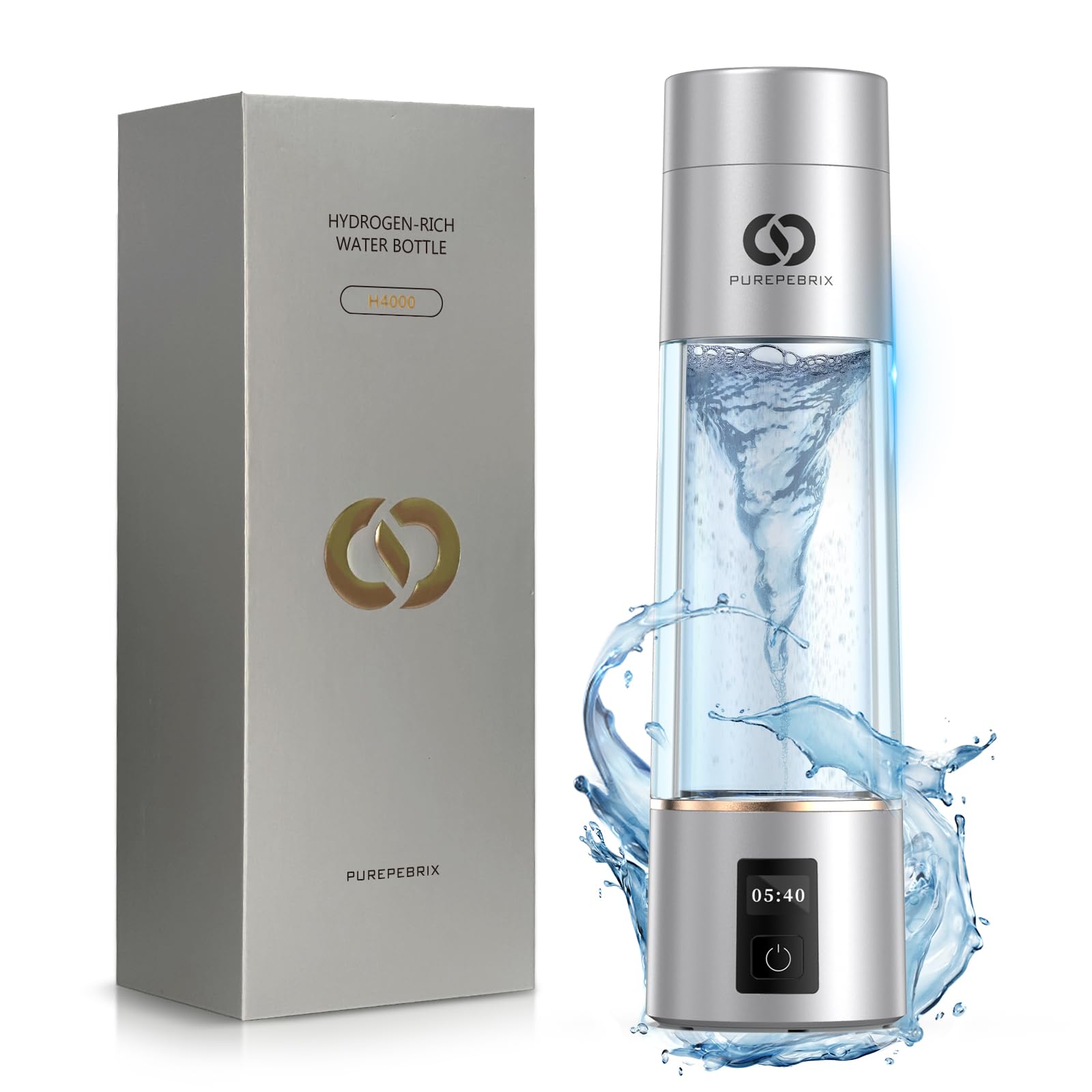 PUREPEBRIX 2025 Advanced Hydrogen Water Bottle Generator Silver Edition- Up to 6000+ ppb Alkaline Pitcher