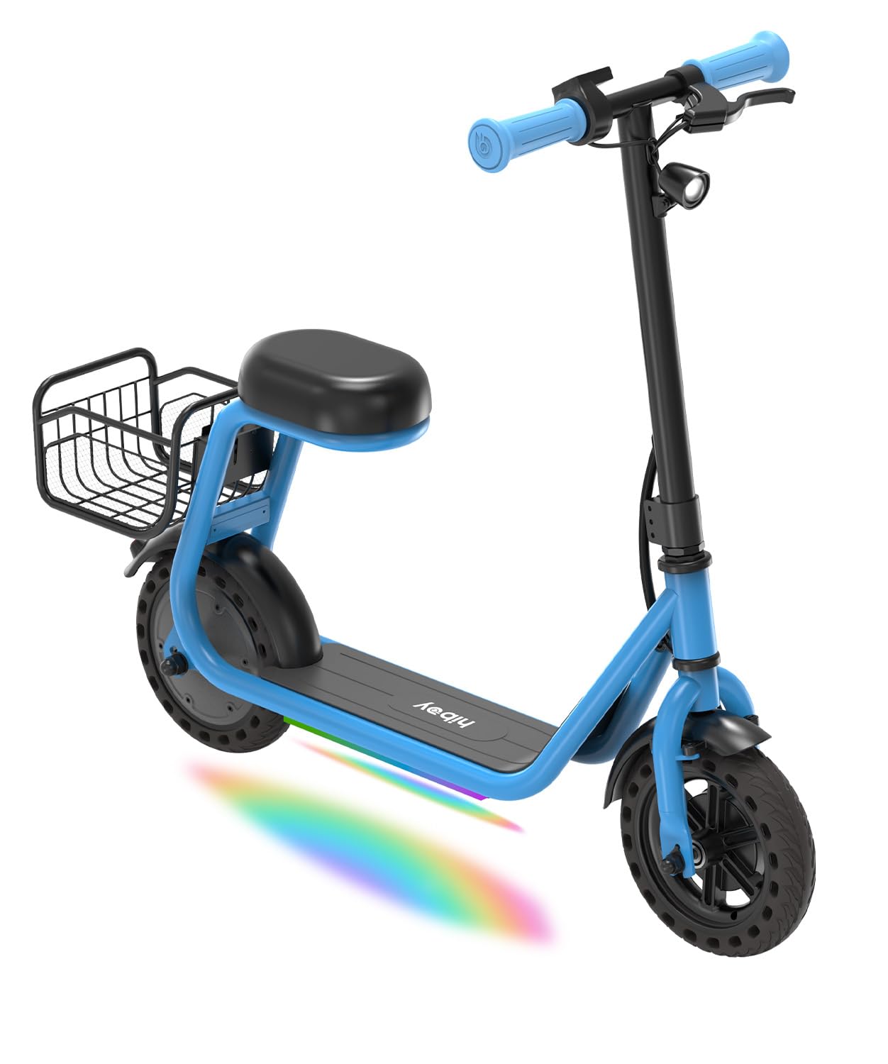 Hiboy Q2 Lite Electric Scooter with Seat for Kids Ages 4-8 - UL Certified, Up to 9.3 MPH with 100W Motor, 3-Speed Adjustable, Rear Basket, LED Neon/Brake Lights, LCD Display - Blue