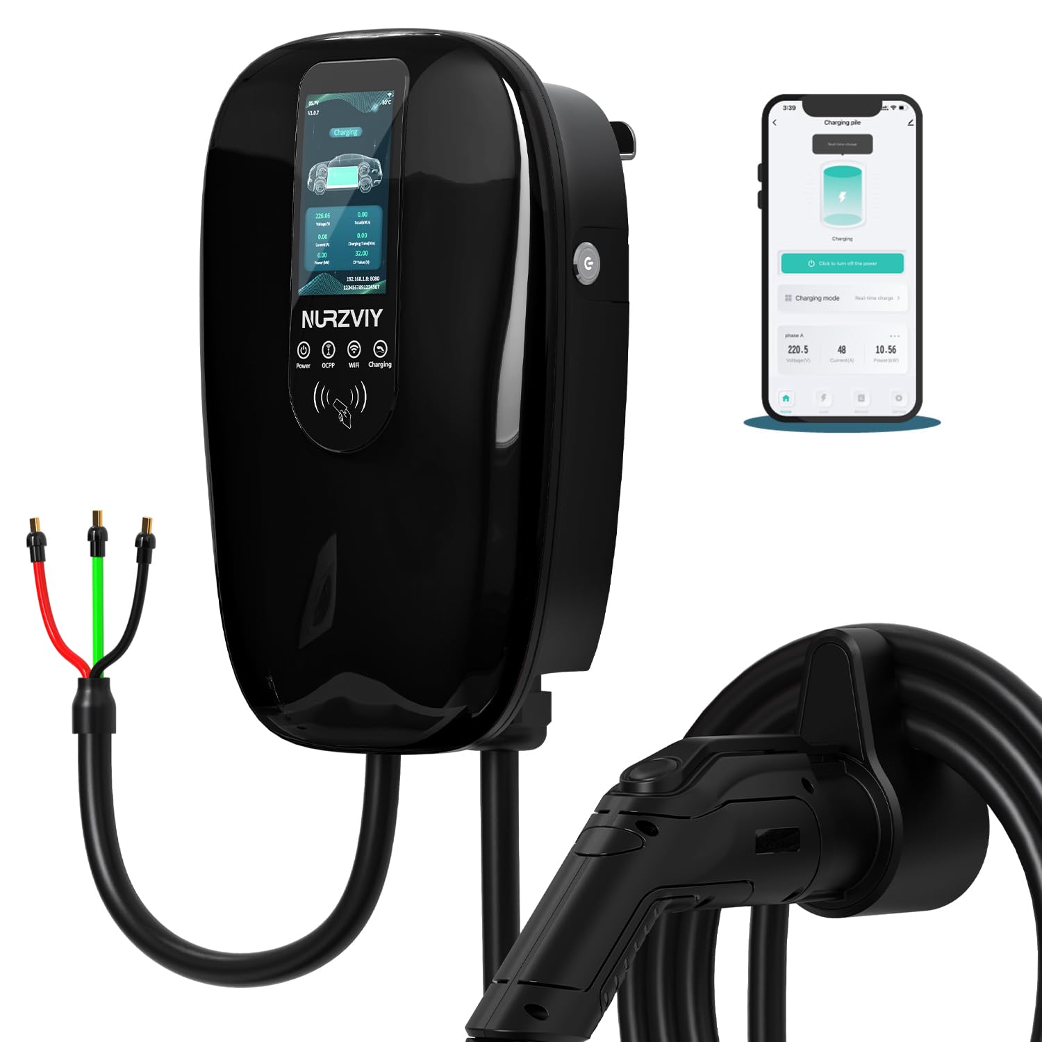 NURZVIY Level 2 EV Charger for Home 48 Amp 240V Electric Vehicle Charging Station with App Control, Indoor/Outdoor EVSE with WiFi/Bluetooth, Hardwired