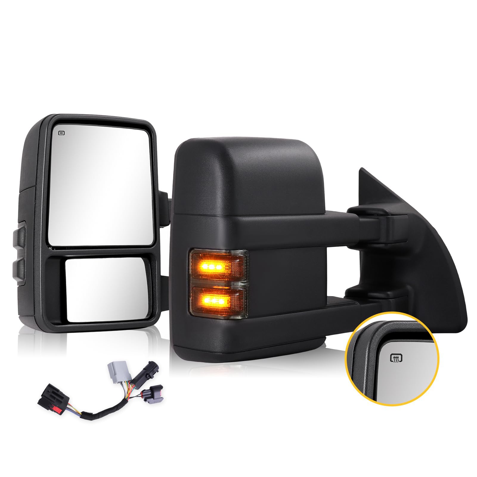 Towing Mirrors for 1999-2016 Ford F250 F350 F450 F550 Super Duty, 2000-2005 Ford Excursion with Power Glass Heated Function Turn Signal Light Running Light Pair Set with Adapter (Smoke lens)