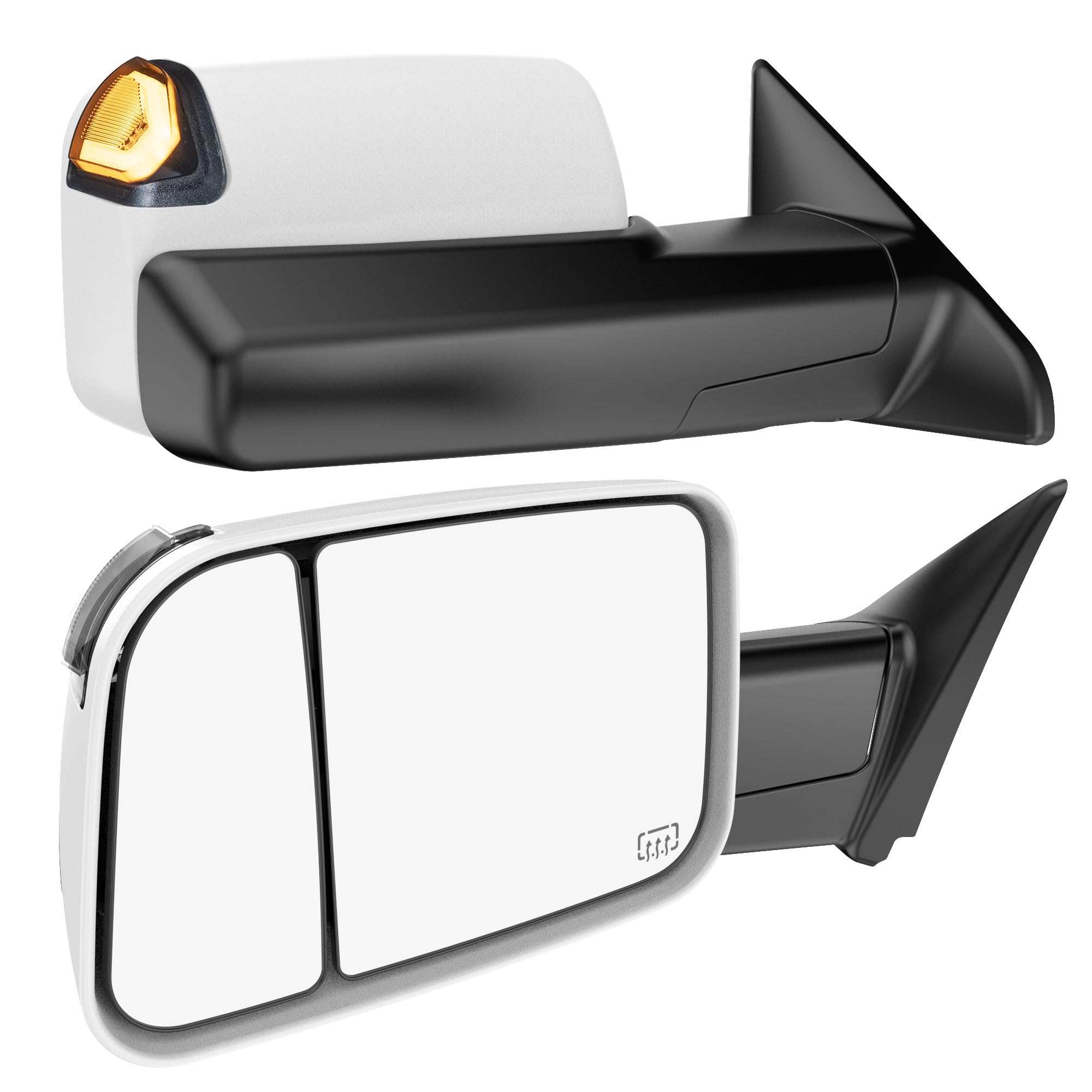 Switchback Signal Tow Mirrors Compatible with Dodge Ram 1500(2009-2018) 2500 3500(2010-2018), Power Heated Flip Up Extended Trailer Towing Side Mirrors w/Puddle Light, Smoked Lens White Housing