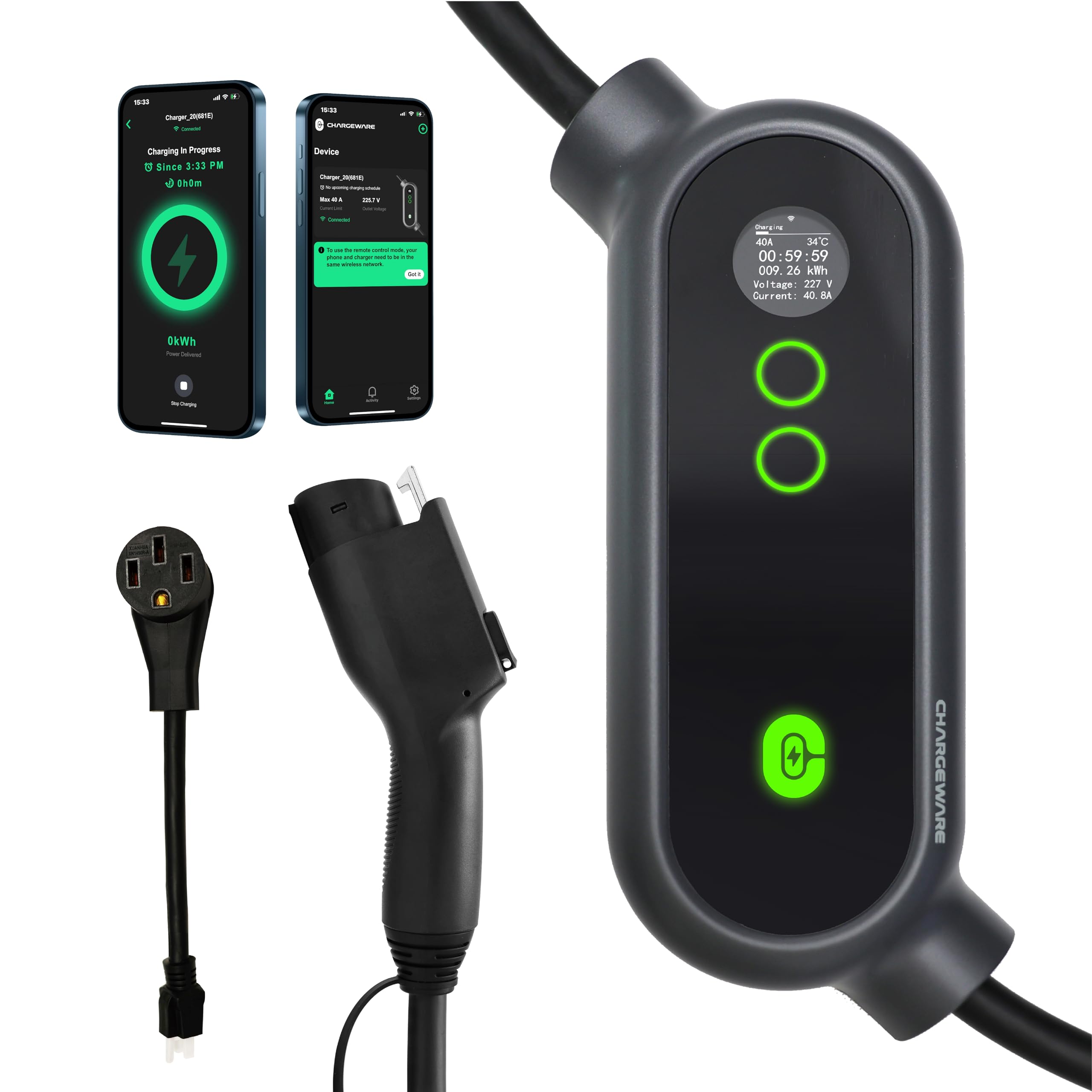 CHARGEWARE Level 2 Smart EV Charger with App Control, Up to 9.6kW, ETL/FCC/Energy Star Certified, 24ft Cable, Wall Mount and Portable Options, 14-50R to 5-15P Adapter, LCD Display, Dark Gray