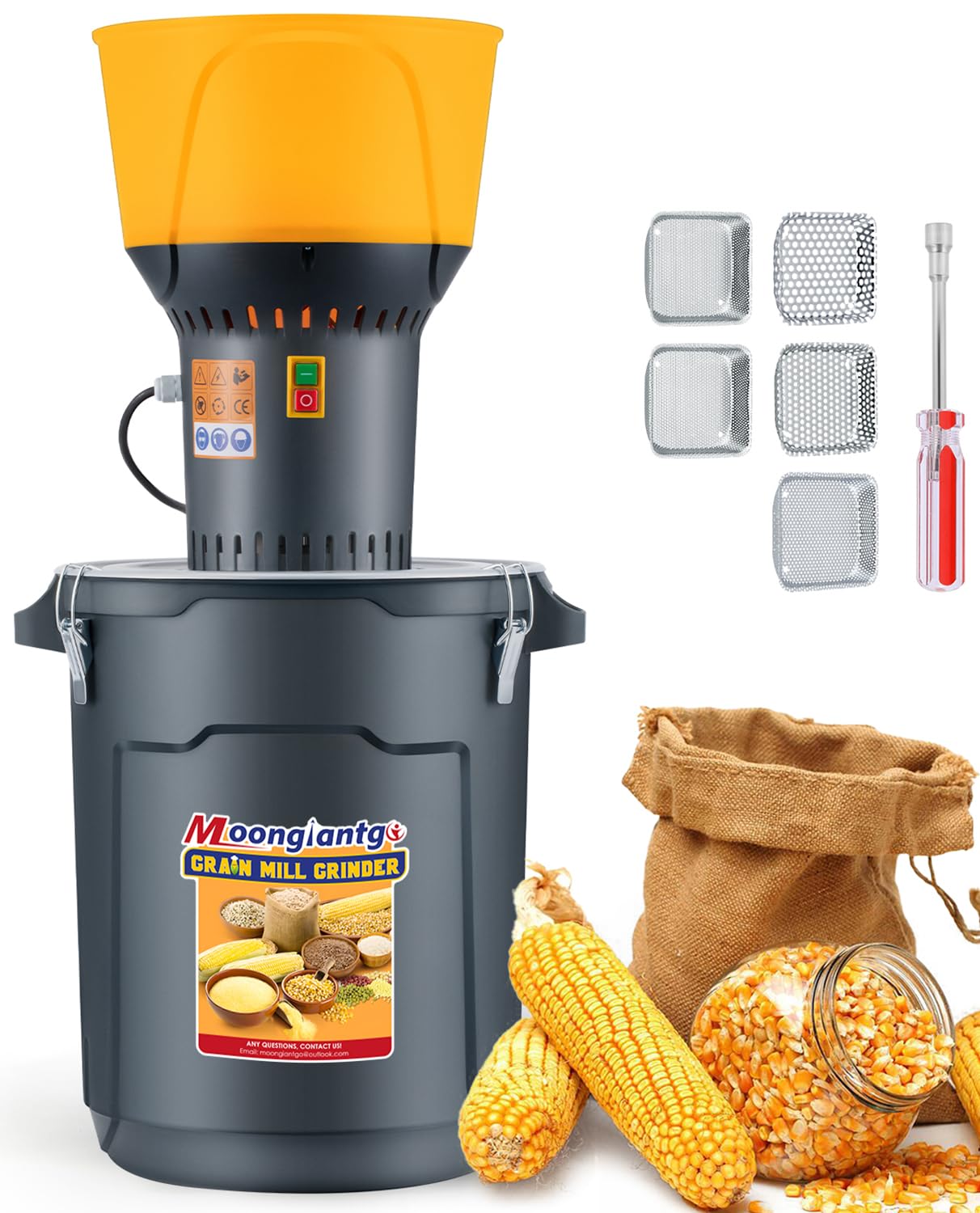 Moongiantgo Grain Mill Grinder Electric Corn Grinder 1300W Feed Mill Dry Cereals Grinder Detachable 6.6 Gal Bucket & Hopper, with 5 Sieves + 1 Socket Wrench, Molino de Maiz, 110V (25L)