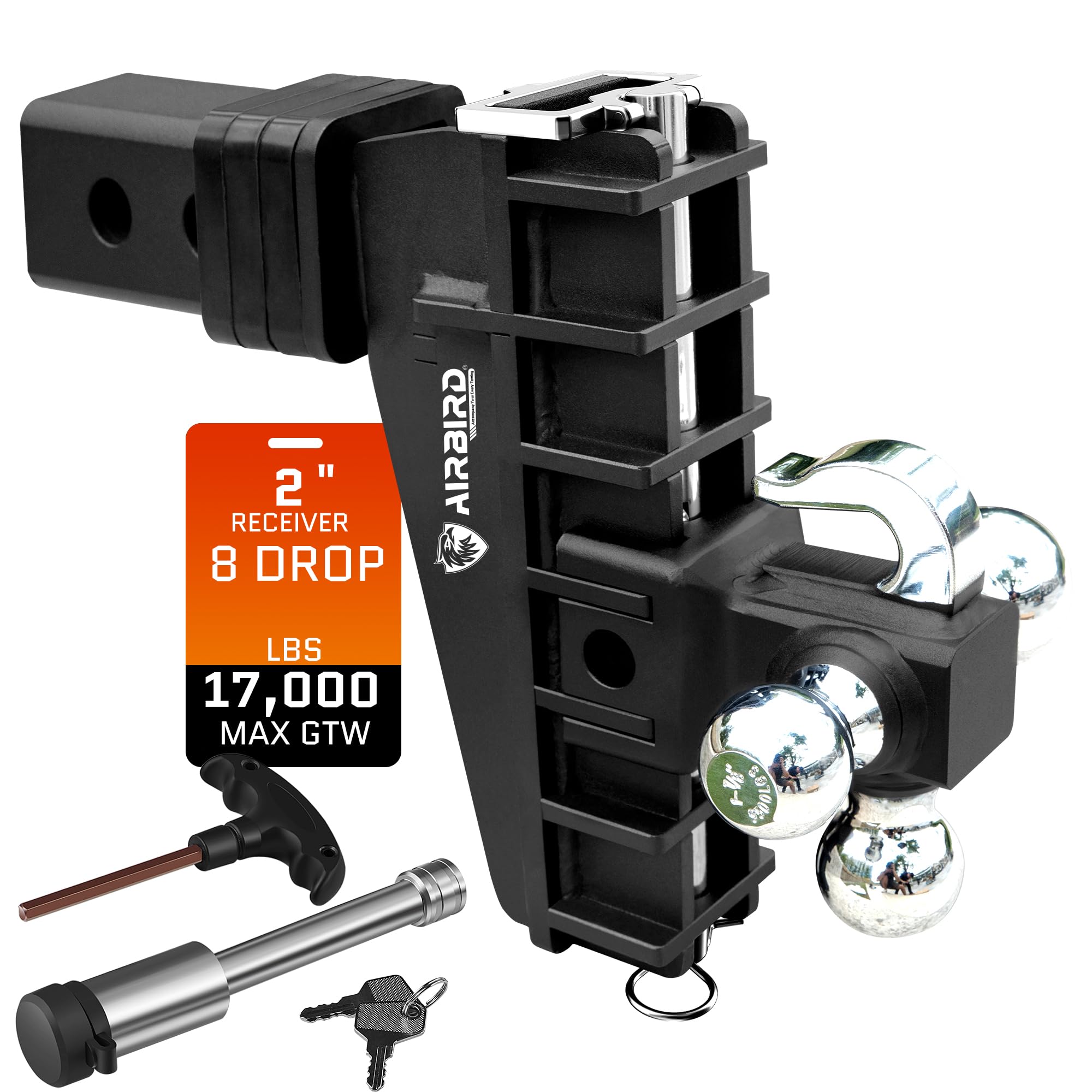 Airbird Adjustable Trailer Hitch Fits 2-Inch Receiver, Heavy Duty Tow Hitches (17000 LBS GTW) 8 Inch Drop Truck Hitch Tri-Ball Mount with Hook (1-7/8" x 2" x 2-5/16")…