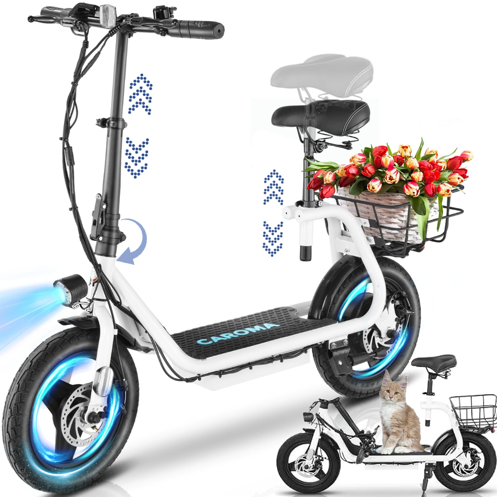 Caroma Peak 560W Electric Scooters for Adults, 14" Tire,188Wh Battery, 15Miles Range, 20MPH Top Speed, Adjustable Electric Scooter with Seat, Commuter Ebike for Adults&Teens(White)