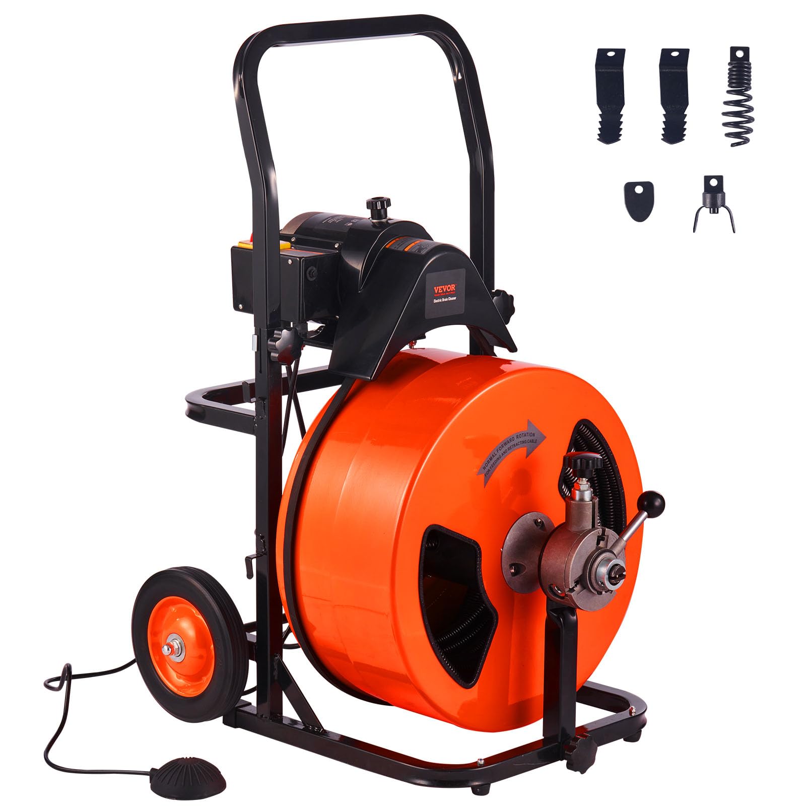 VEVOR 100 FT x 1/2 Inch Drain Cleaner Machine, Sewer Snake Auger Auto Feed with 4 Cutter & Air-activated Foot Switch for 2" to 4" Pipes, Orange, Black