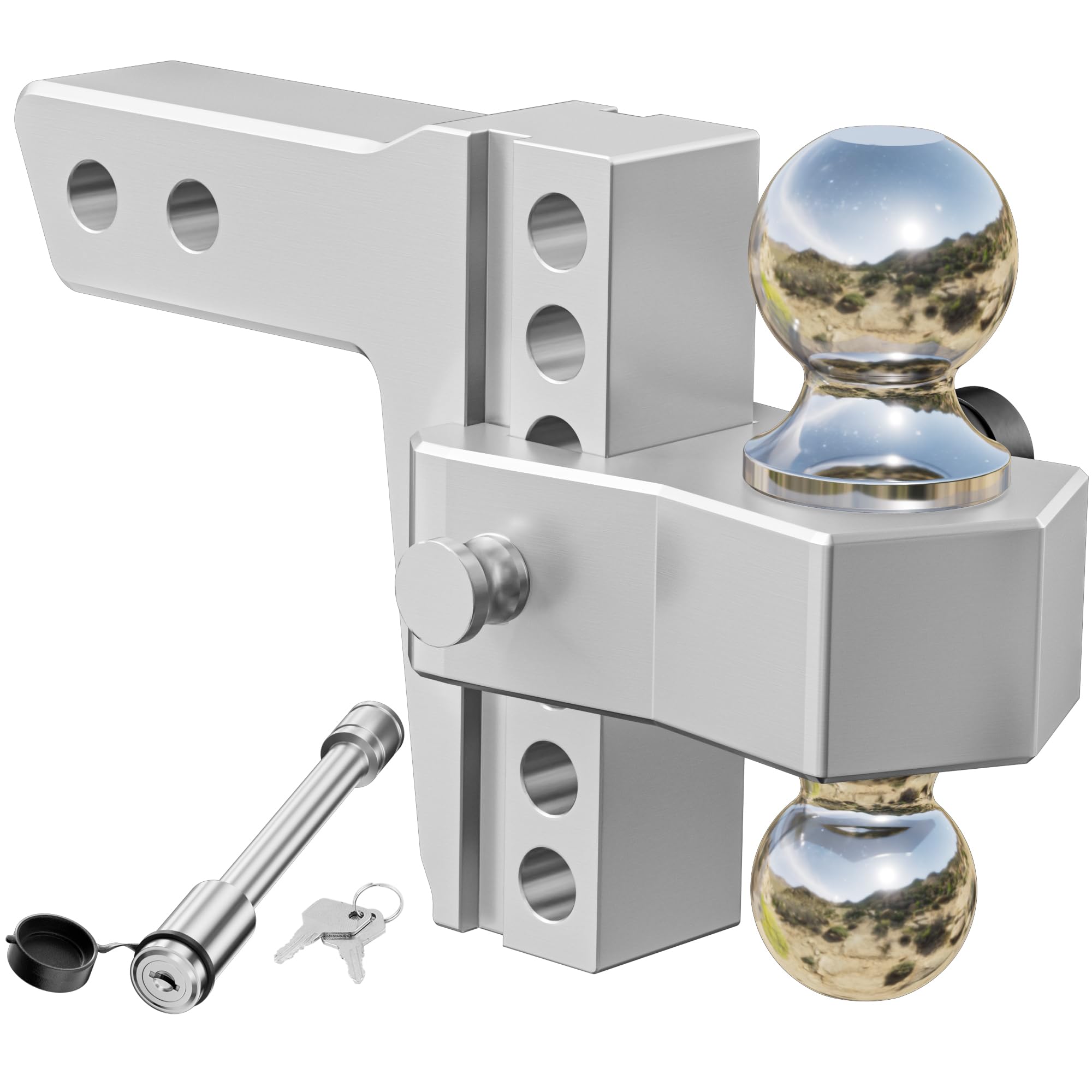 LOCAME Adjustable Trailer Hitch, Fits 2-Inch Receiver, 6-Inch Drop/Rise Aluminum Drop Hitch,12,500 LBS GTW-Tow Hitch for Heavy Duty Truck with Double Stainless Steel Locks, Silver