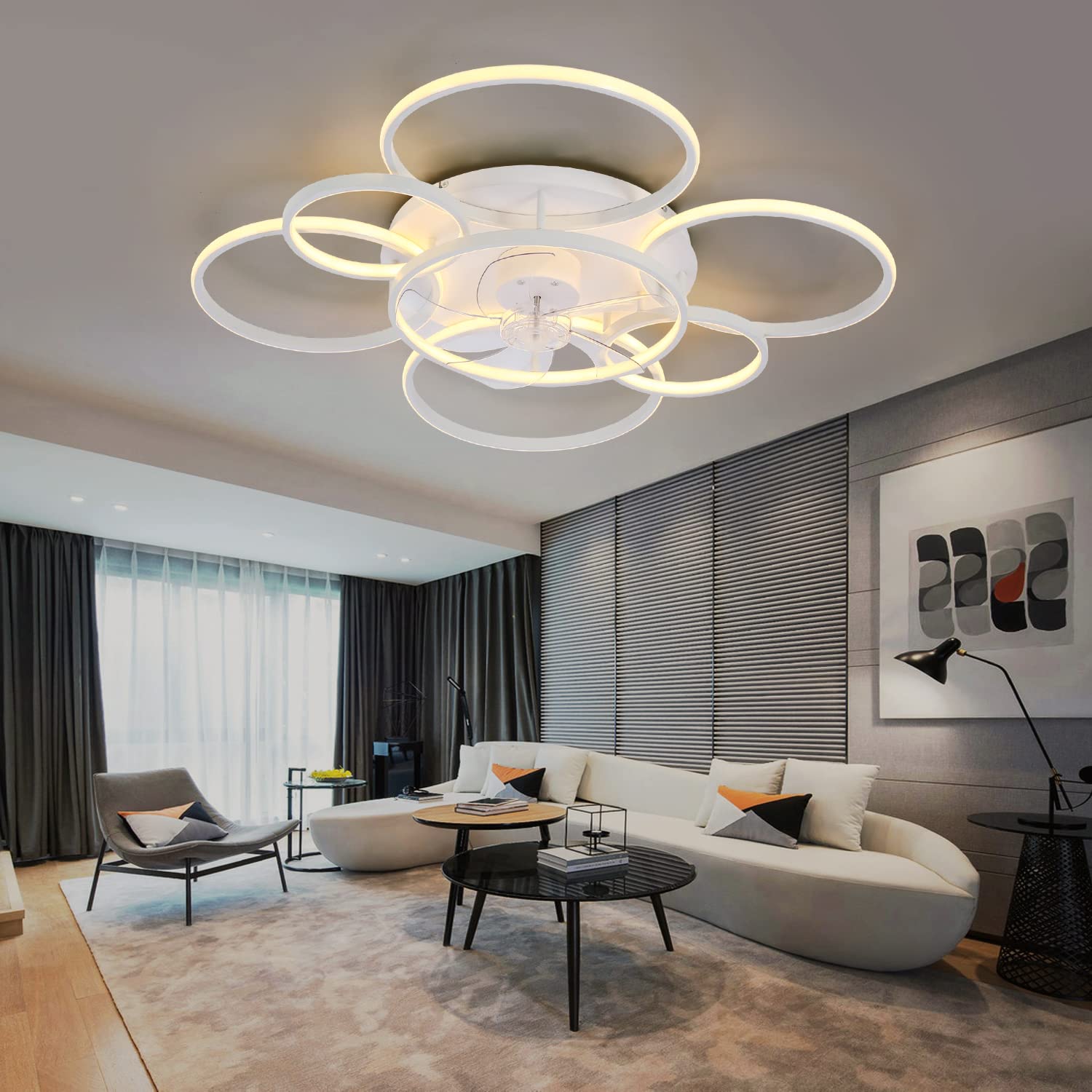 SNOWUNDER 41" Ceiling Fans with Lights, Flush Mount Celing Fan with Led Light and Remote Control for Living Room，Tri-Color Light 6-Speed Wind