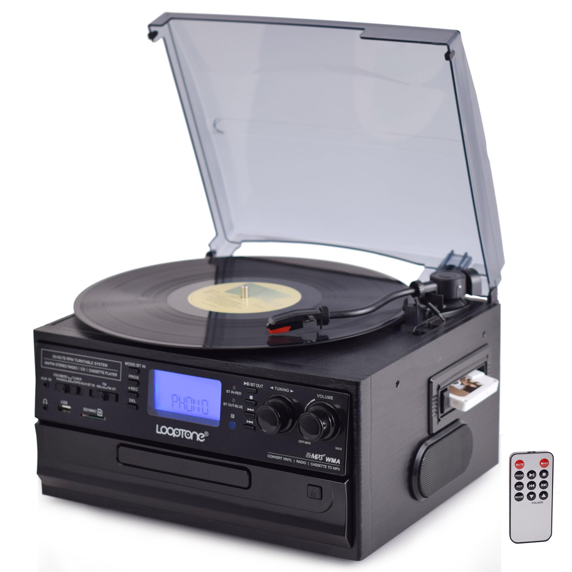 LoopTone Vinyl Record Player 3 Speed 10 in 1 Bluetooth in and Out Vintage Turntable CD Cassette Player AM/FM Radio USB Recorder Aux-in RCA Line-Out